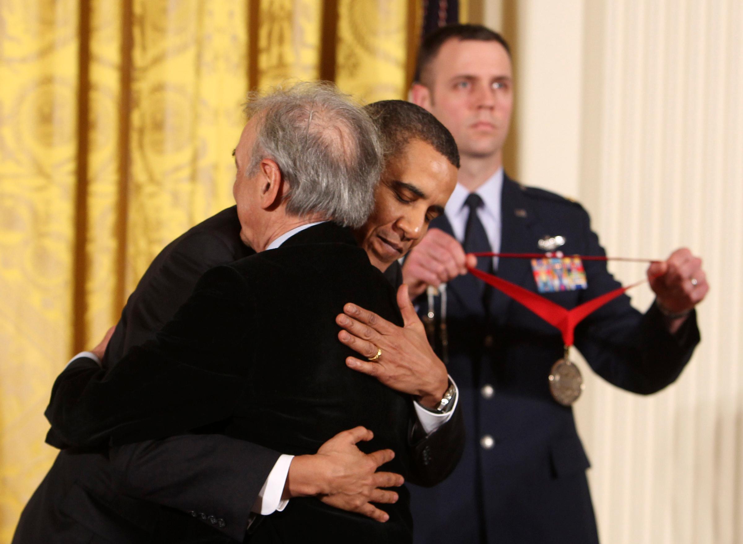 President Barack Obama presents the 2009 National Humanities Medal to Holocaust survivor Elie Wiesel in the East Room of the White House in Washington, on Feb. 25, 2010.