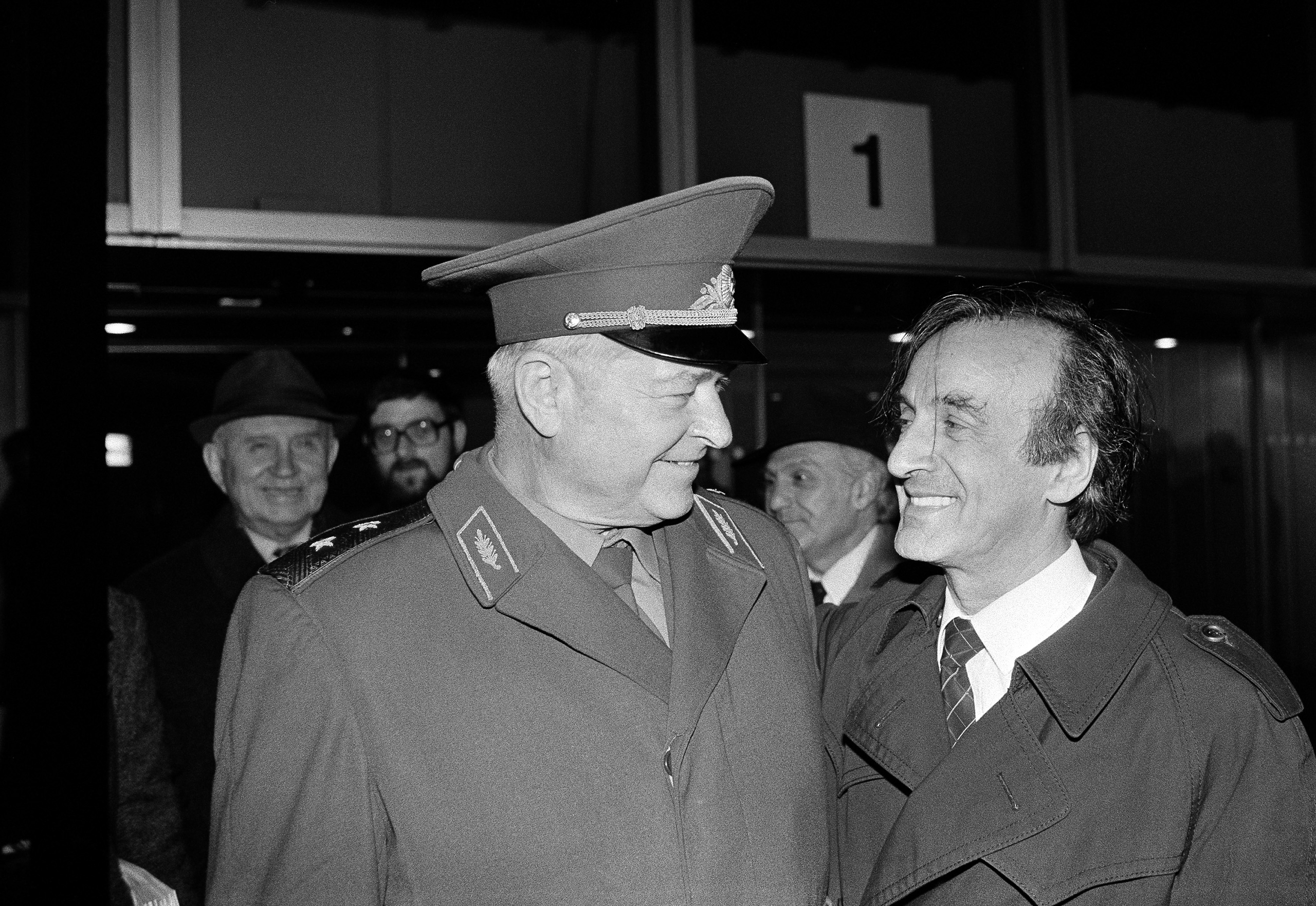 Nobel Peace Prize winner Elie Wiesel greets Gen. Vasily Petrenko, one of the Soviet liberators of Auschwitz in 1945, in Moscow on Oct. 22, 1986.