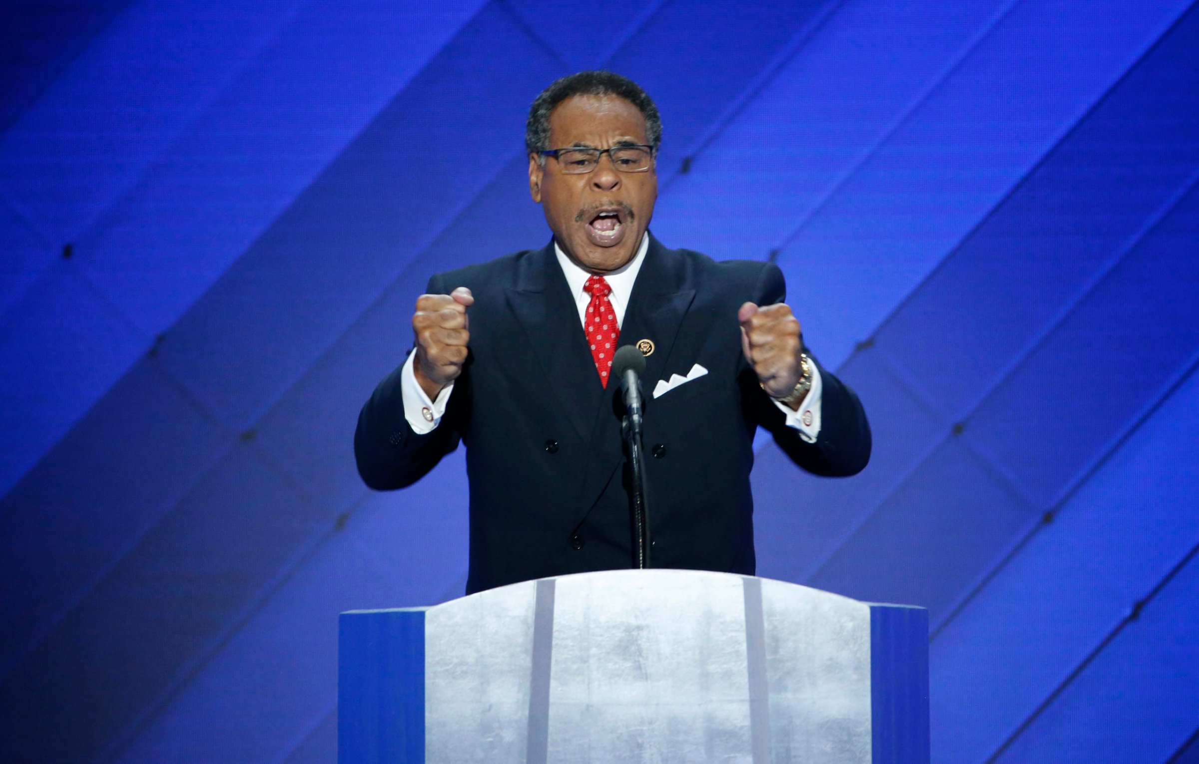 Representative from Missouri Emanuel Cleaver delivers remarks in the Wells Fargo Center on the final day of the 2016 Democratic National Convention in Philadelphia on July 28, 2016.