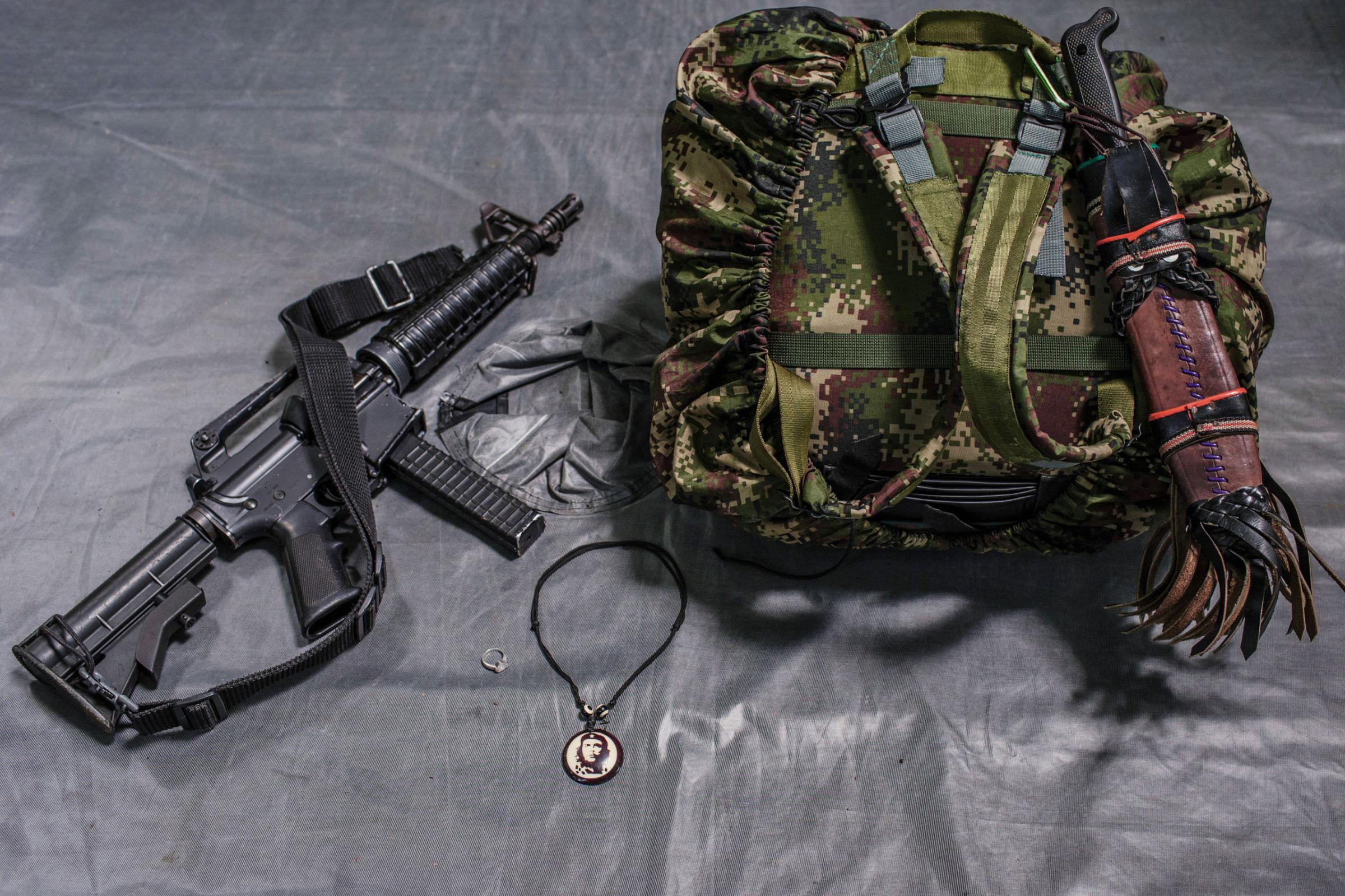 The backpack carried by 31-year-old FARC commander, "Brenda." She has been a member of FARC for 15 years. Besides, her rifle, pistol, and commuter for intelligence mission, she always has space in her backpack for nail polish and perfume.  Her boyfriend is also a member of FARC.