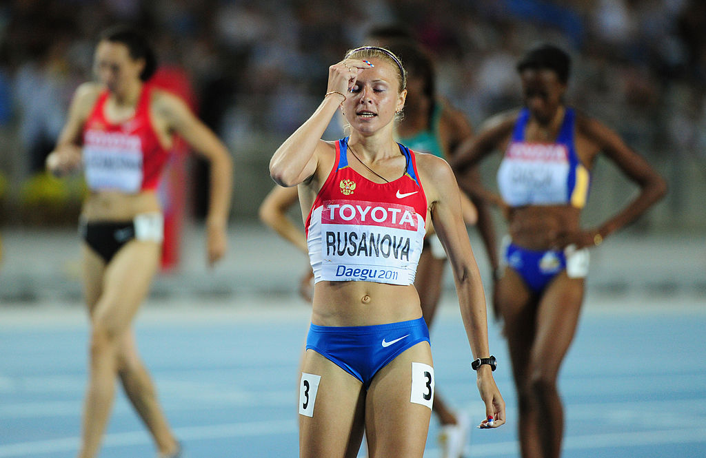 Russia's Yuliya Rusanova reacts after competing in the women's 800 metres semi-finals at the International Association of Athletics Federations (IAAF) World Championships in Daegu on Sept. 2, 2011.