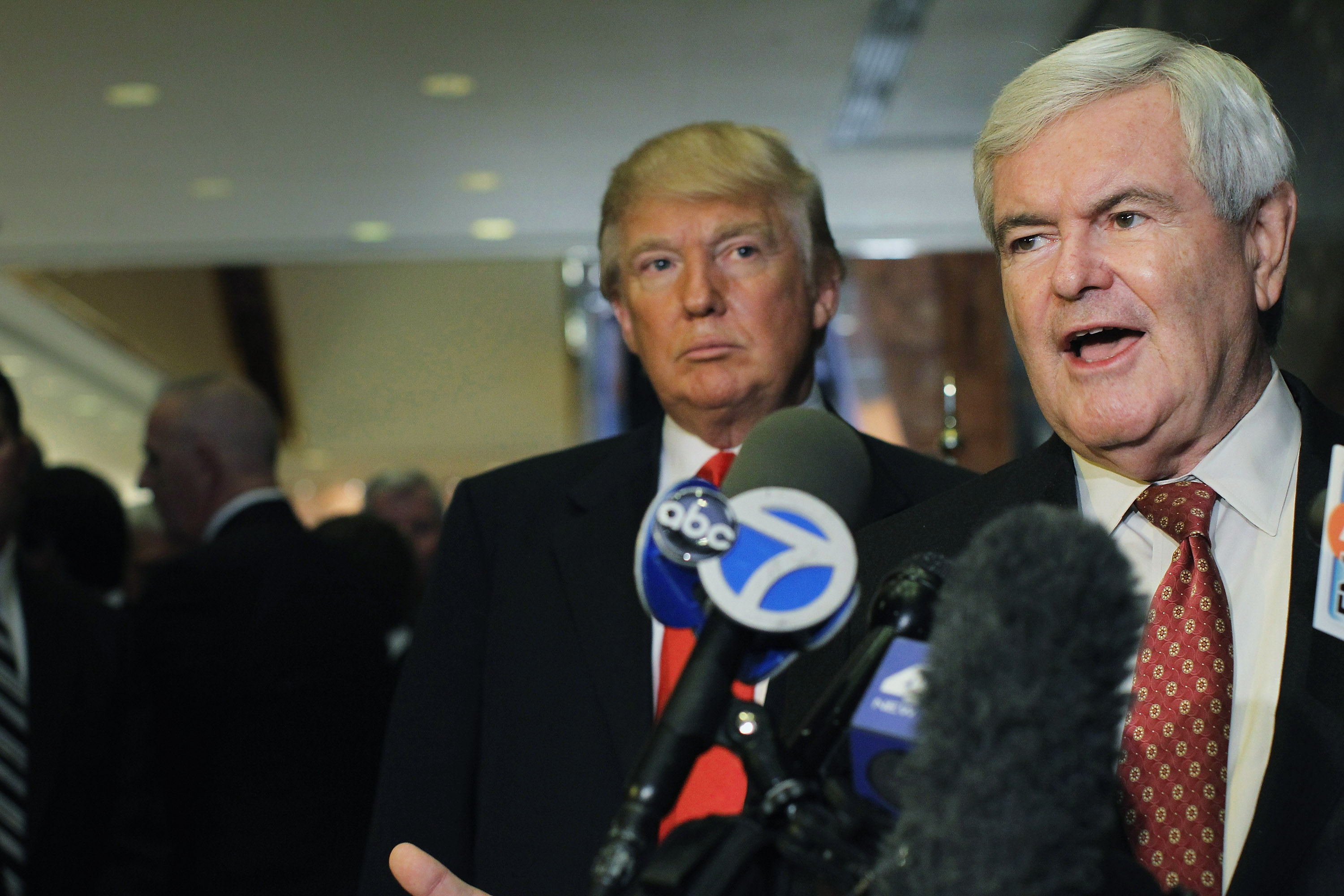 Then-Republican presidential nominee hopeful Newt Gingrich speaking to the media after a meeting with Donald Trump on December 5, 2011 in New York City. (Spencer Platt&mdash;Getty Images)