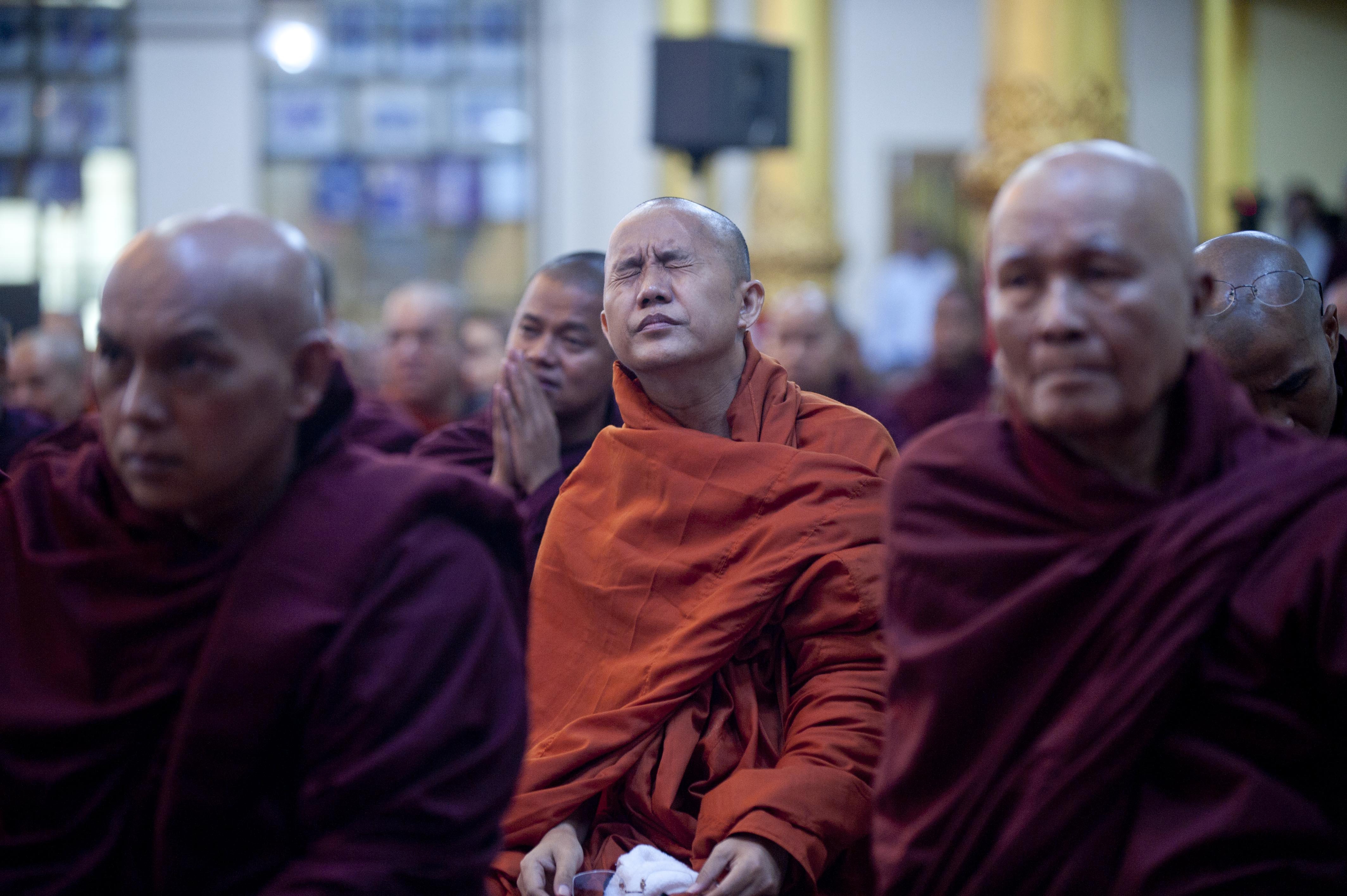 Controversial Burmese monk Wirathu, center, attends a meeting of Buddhist monks at a monastery outside Rangoon, Burma, on June 27, 2013 (AFP/Getty Images)