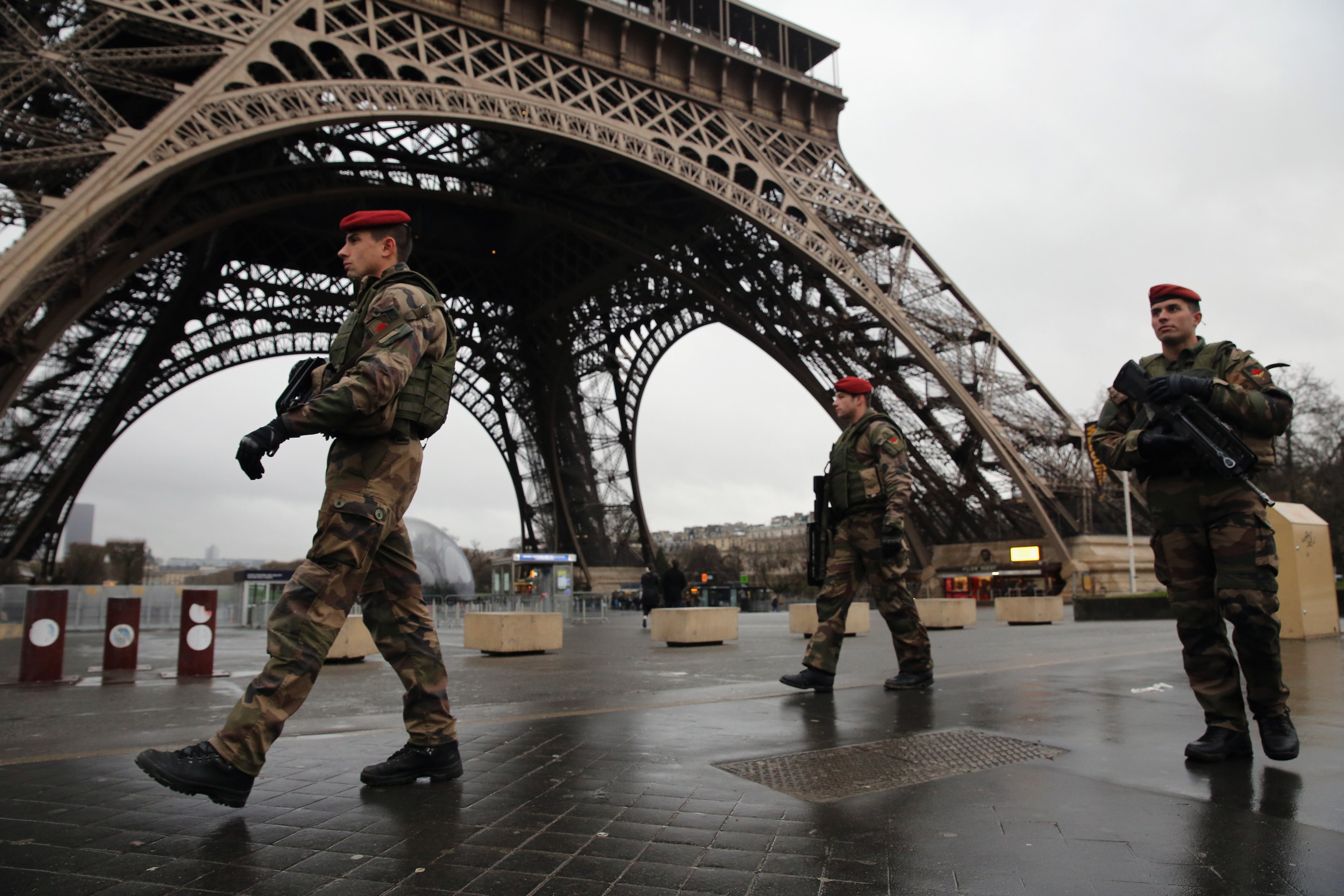 Armed security patrols around the Eiffel Tower on Jan. 9, 2015 in Paris, France (Dan Kitwood&mdash;Getty Images)