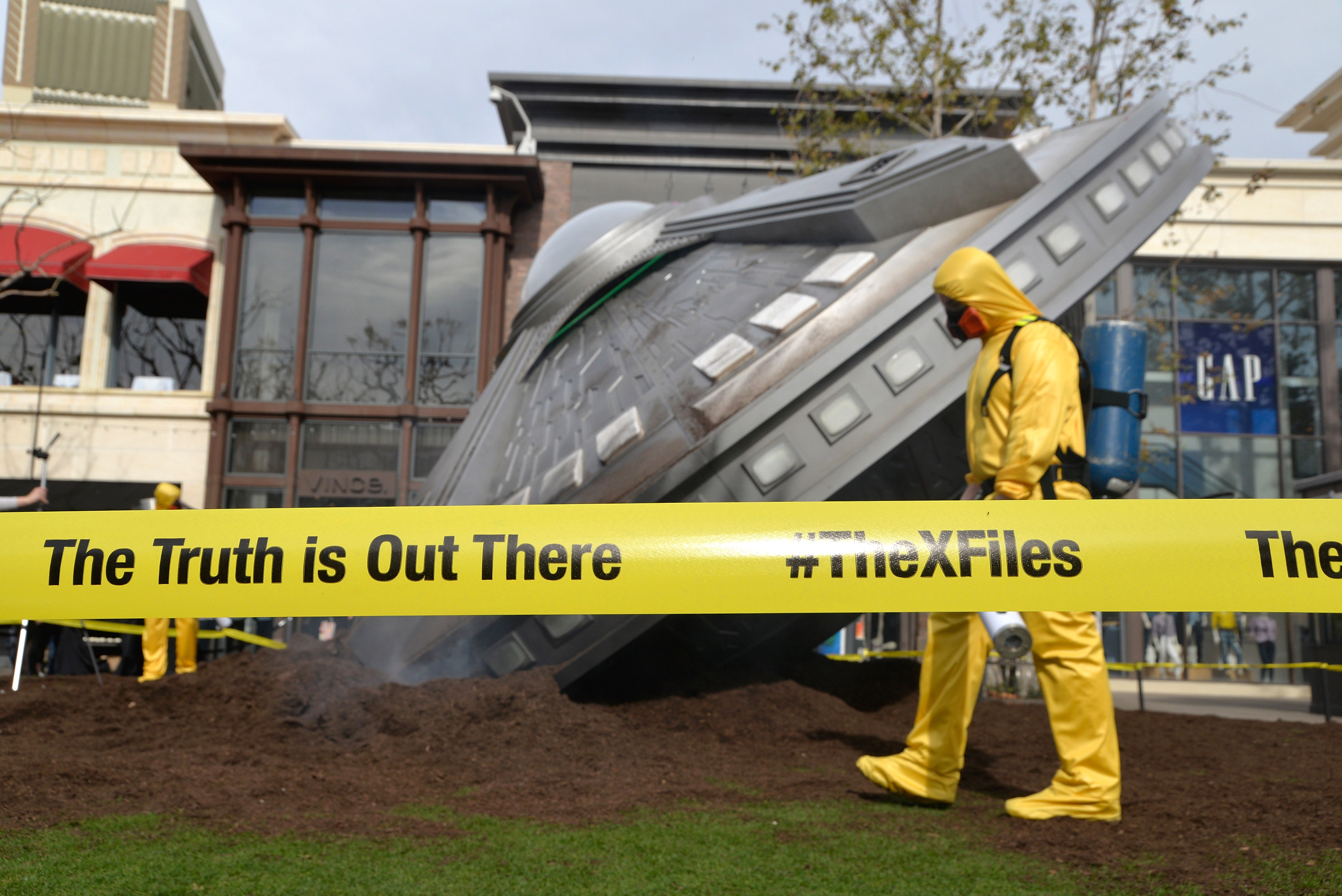 Atmosphere shot of a crashed UFO at a premiere episode screening of FOX's "The X-Files" at The Grove in Los Angeles on January 22, 2016. (Michael Tullberg—Getty Images)
