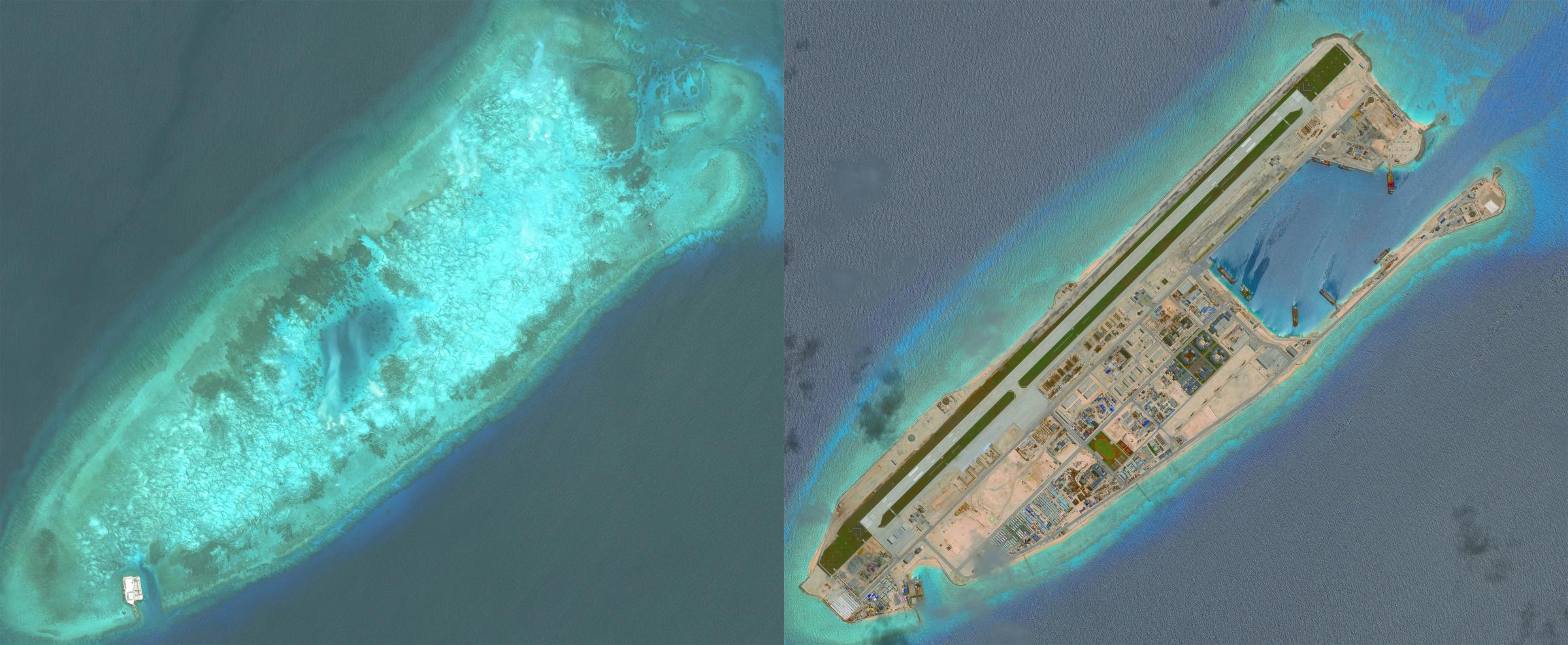 DigitalGlobe overview imagery comparing Fiery Cross Reef from May 31, 2014 to June 3, 2016.  Fiery Cross is located in the western part of the Spratly Islands group in the South China Sea.  Photo DigitalGlobe via Getty Images.