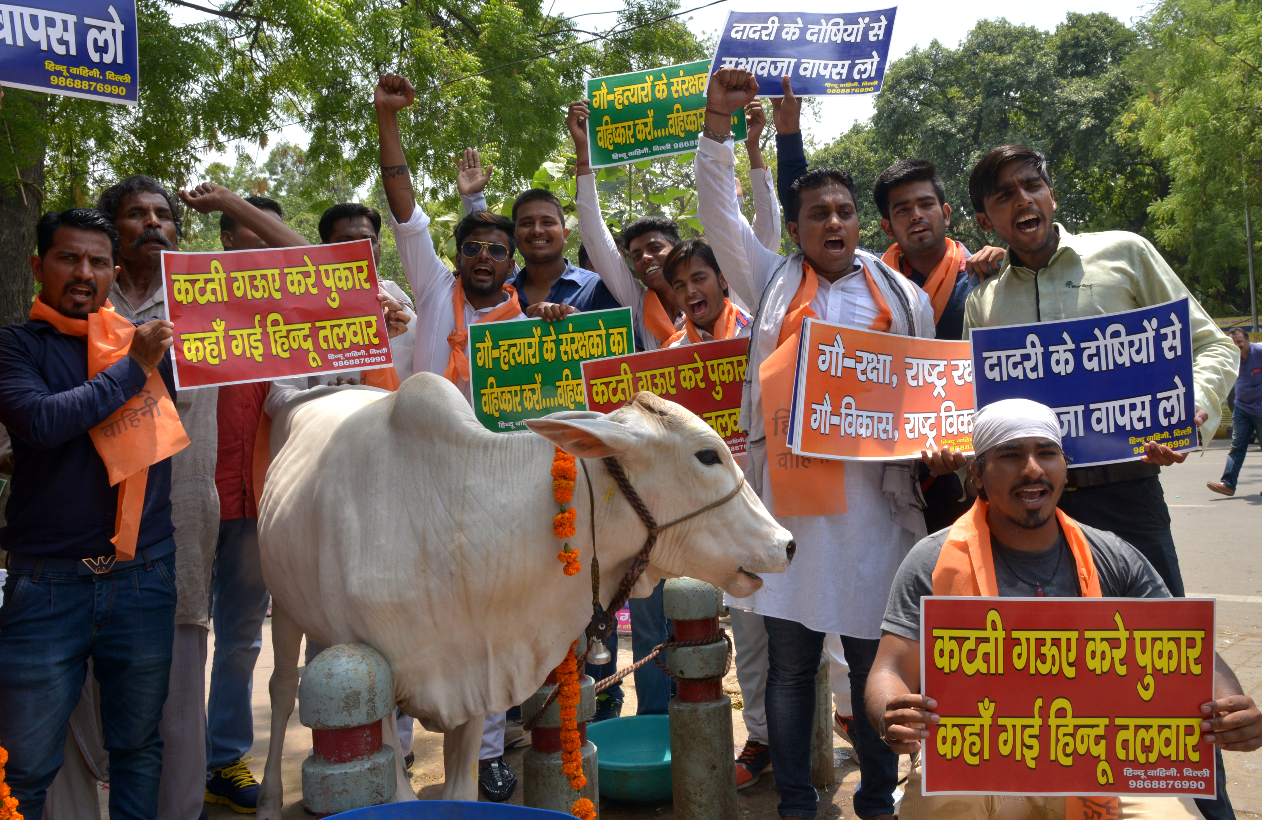 Members of a Hindu group at a protest march over cow protection at Parliament Street in New Delhi on June 5, 2016 (K Asif—The India Today Group/Getty Images)