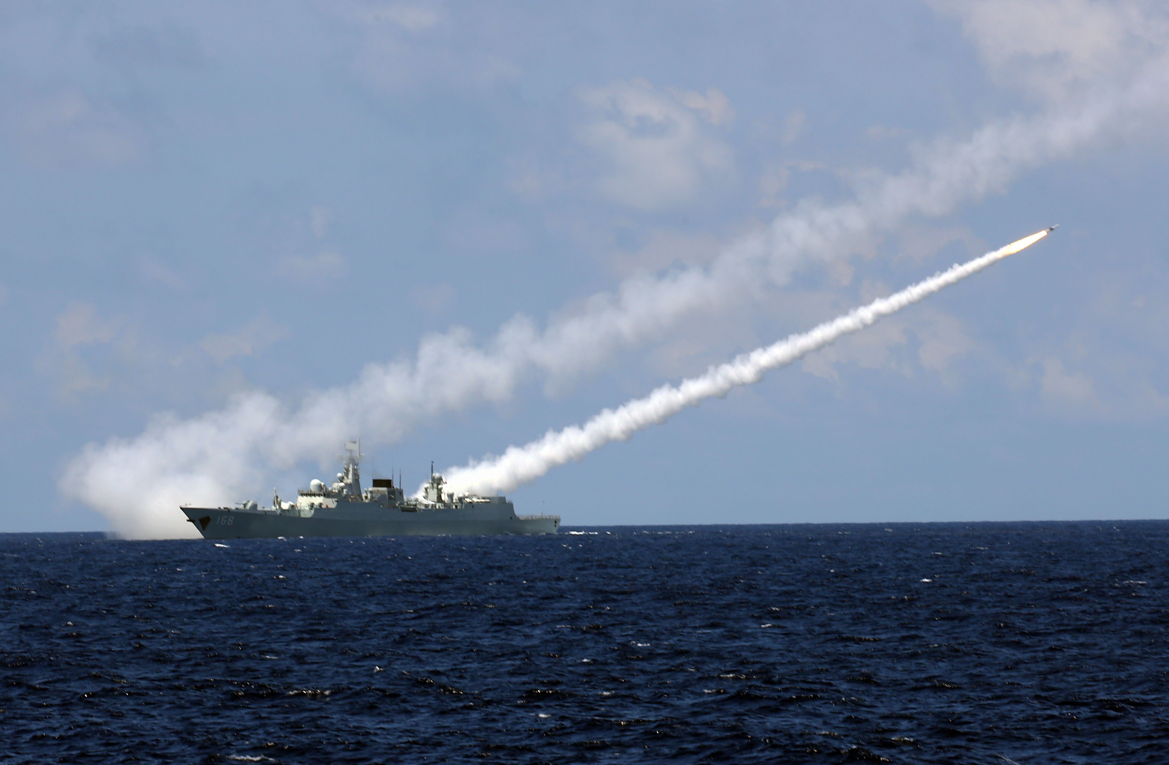 Missile destroyer Guangzhou launches an air-defense missile during a military exercise in the water area near south China's Hainan Island and Xisha islands on July 8, 2016 (Xinhua News Agency—Xinhua News Agency/Getty Images)
