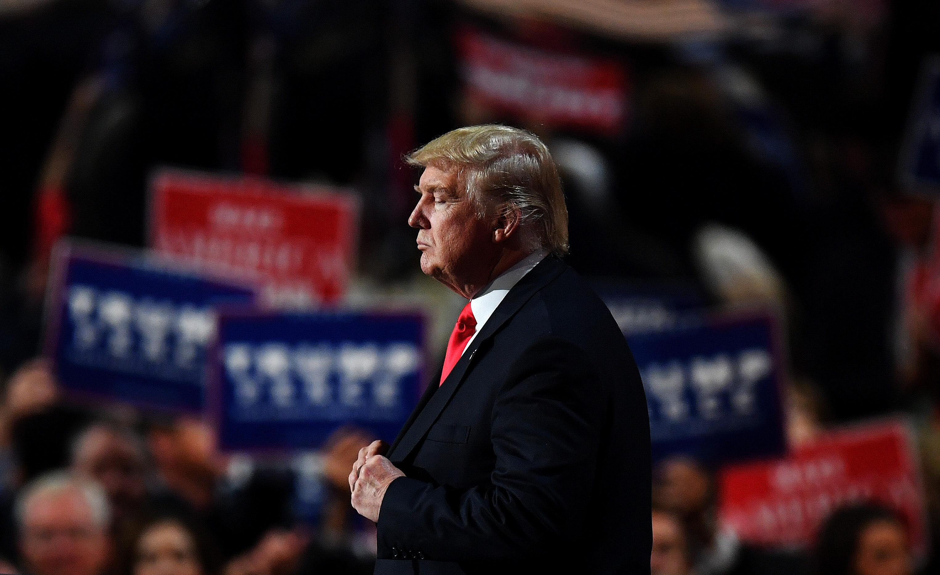 Republican presidential candidate Donald Trump pauses during his speech at the Republican National Convention on July 21, 2016. (Jeff J Mitchell&mdash;Getty Images)