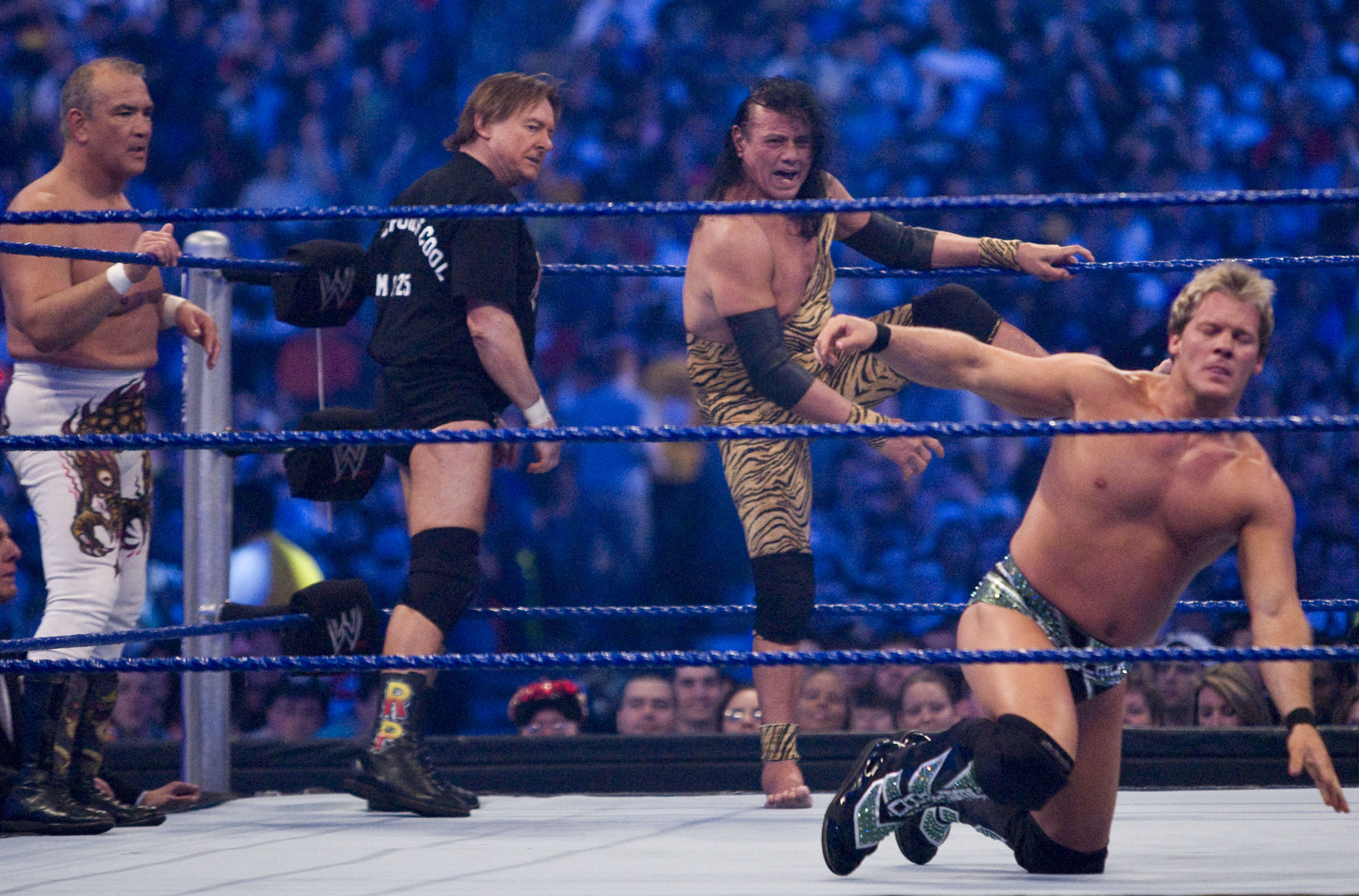(L-R) Former professional wrestlers Ricky "The Dragon" Steamboat and "Rowdy Roddy Piper, Jimmy "Superfly" Snuka and WWE Superstar Chris Jericho during  WrestleMania 25 at on April 5, 2009 in Houston, Texas. (Bill Olive—Getty Images)