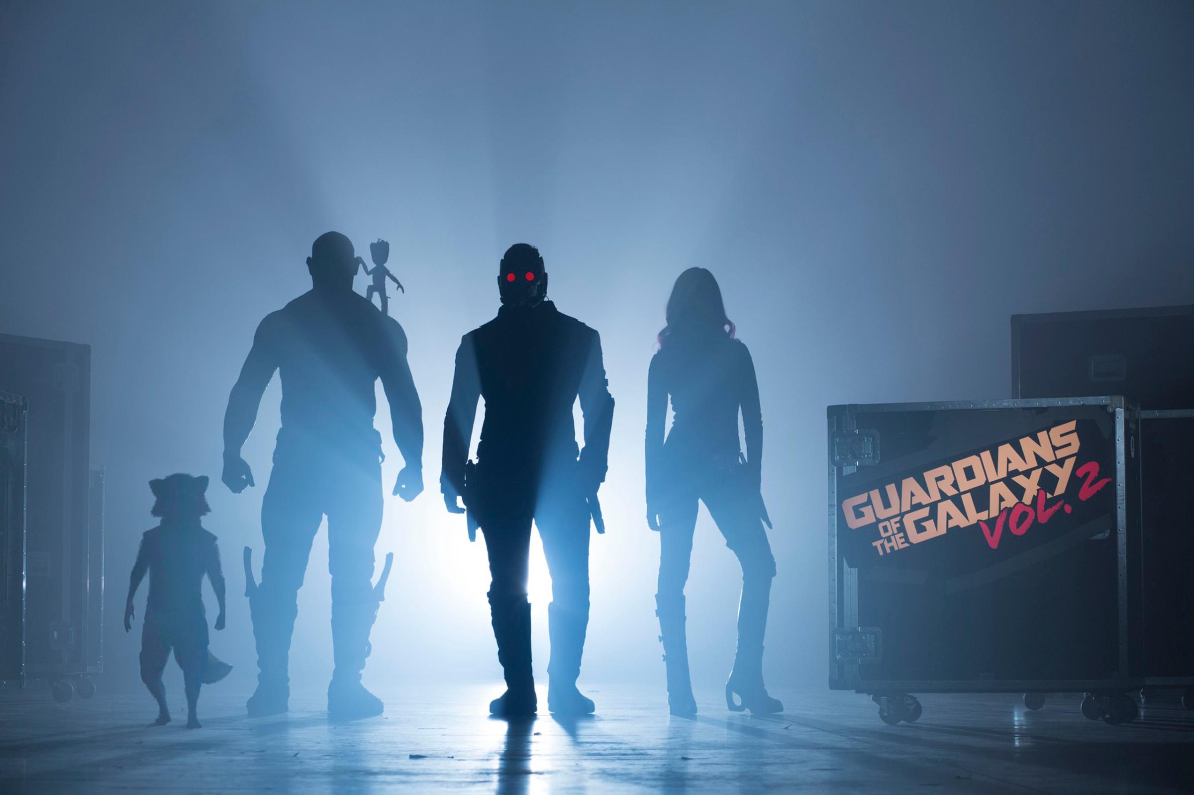 Guardians Of The Galaxy Vol. 2Start of Production ImageL to R: Rocket (voiced by Bradley Cooper), Drax (Dave Bautista), Groot (voiced by Vin Diesel), Peter Quill/Star-Lord (Chris Pratt) and Gamora (Zoe Saldana)©Marvel 2017