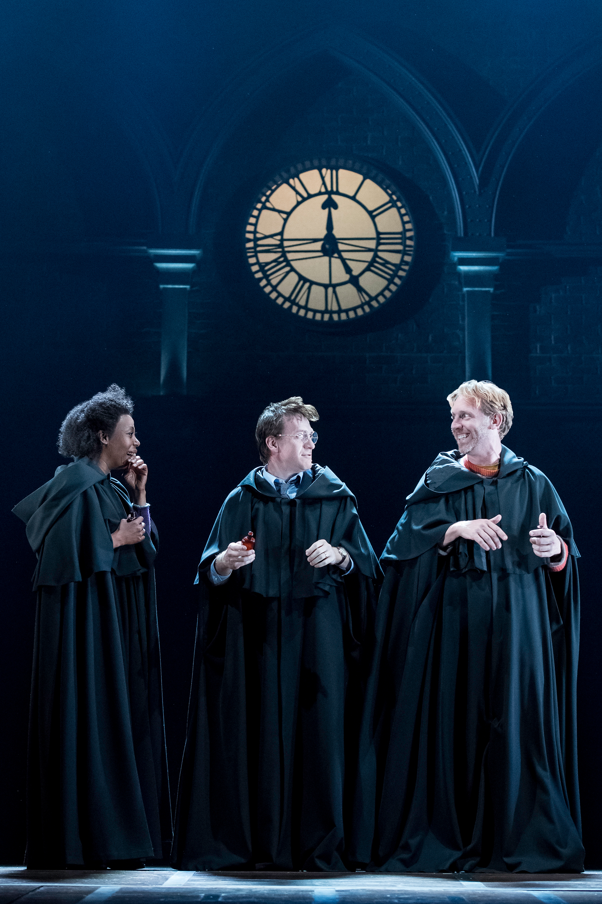 From left: Noma Dumezweni as Hermione Granger, Jamie Parker as Harry Potter and Paul Thornley as Ron Weasley in From left: Poppy Miller as Ginny Potter and Jamie Parker as Harry Potter in Harry Potter and the Cursed Child.