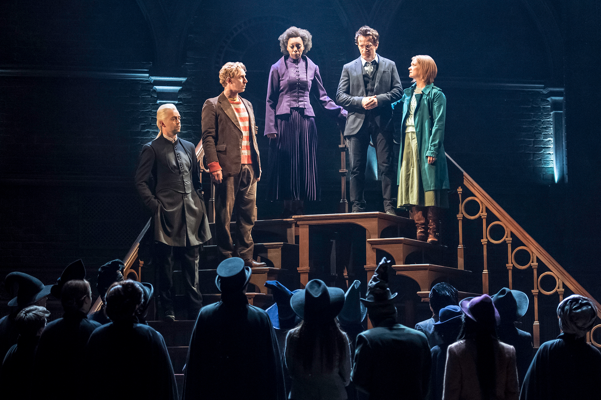From left: Alex Price as Draco Malfoy, Paul Thornley as Ron Weasley, Noma Dumezweni as Hermione Granger, Jamie Parker as Harry Potter, and Poppy Miller as Ginny Potter in Harry Potter and the Cursed Child.