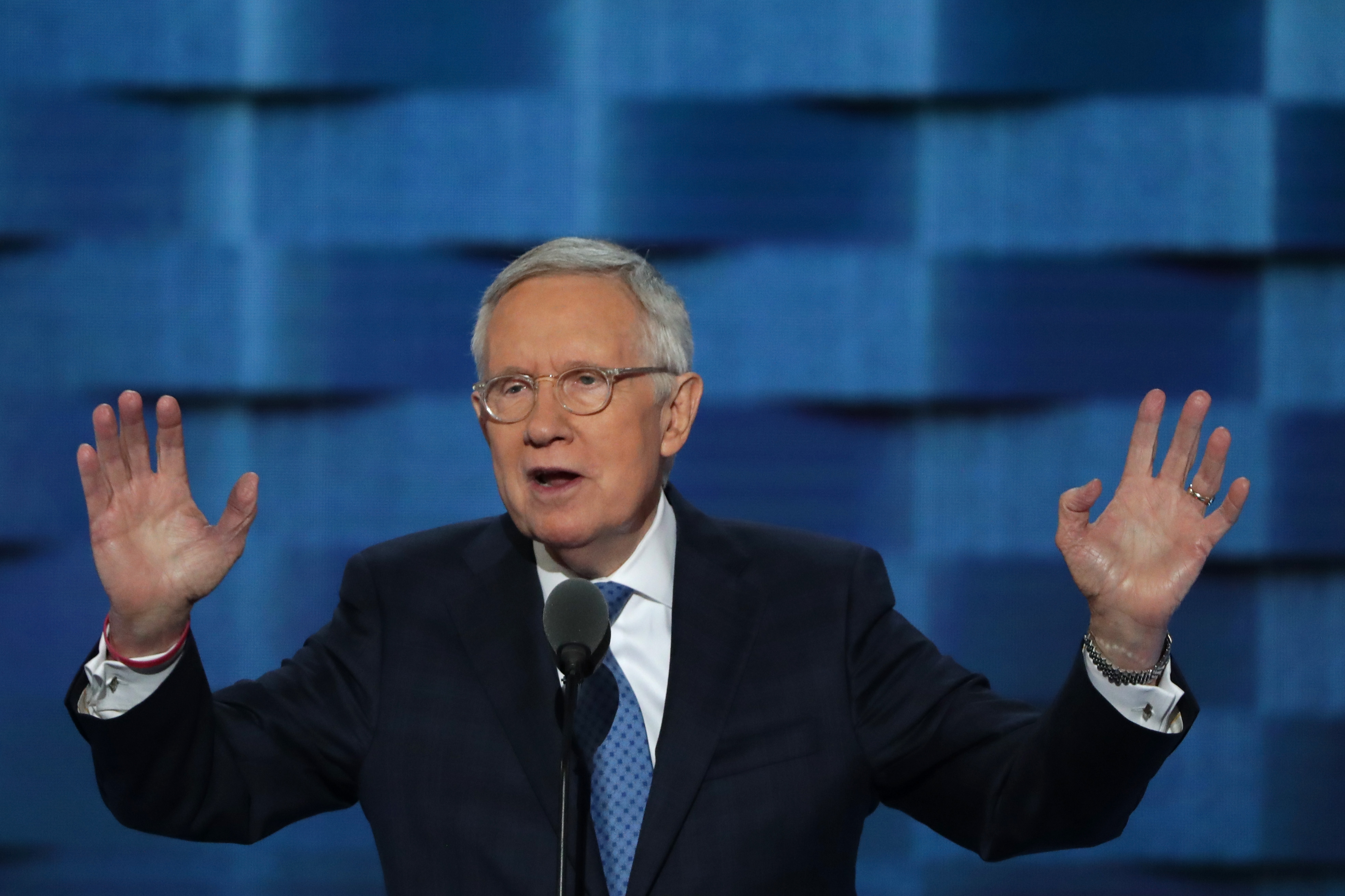 U.S. Sen. Minority Leader Sen. Harry Reid (D-NV) gestures to the crowd as he delivers remarks at the Democratic National Convention on July 27, 2016 in Philadelphia, Pennsylvania. (Alex Wong/Getty Images)