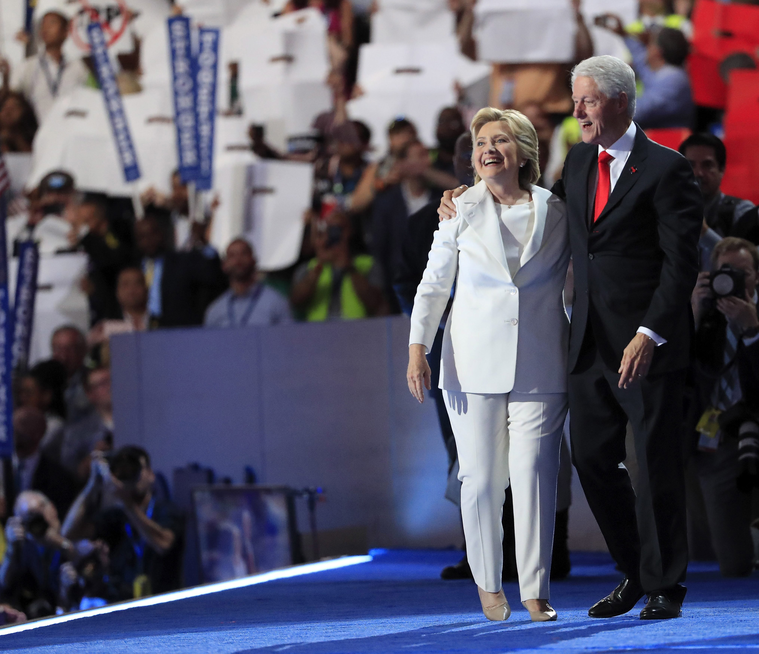 Democratic Nominee for President Hillary Clinton and former US President Bill Clinton on stage during final day of the Democratic National Convention at the Wells Fargo Center in Philadelphia on July 28, 2016. (Tannen Maury—EPA)