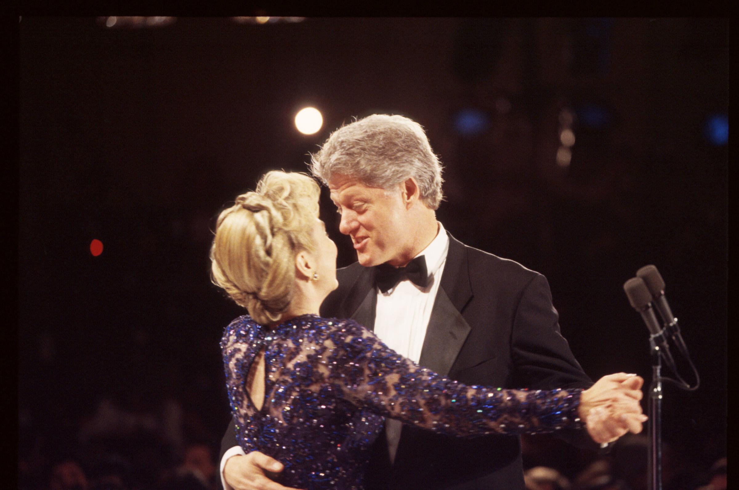President Bill Clinton dances with First Lady Hillary Clinton on stage on Jan. 20, 1993 in Washington. Eleven inaugural balls were held on the same evening in honor of President Clinton's election.