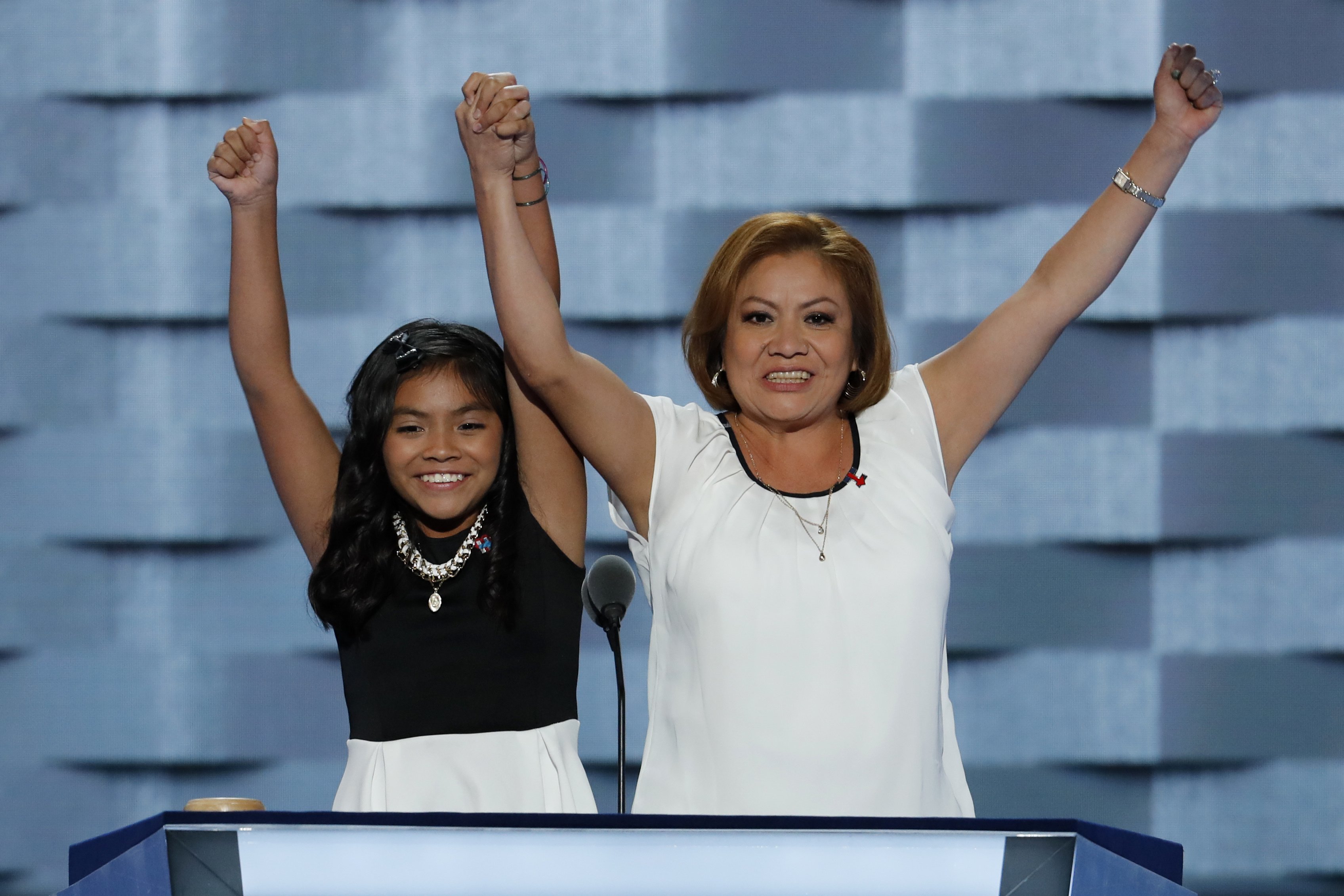 11-year-old Karla Ortiz, left, and her mother Francisca Ortiz speak during the first day of the Democratic National Convention in Philadelphia on Monday, July 25, 2016. (J. Scott Applewhite—AP)