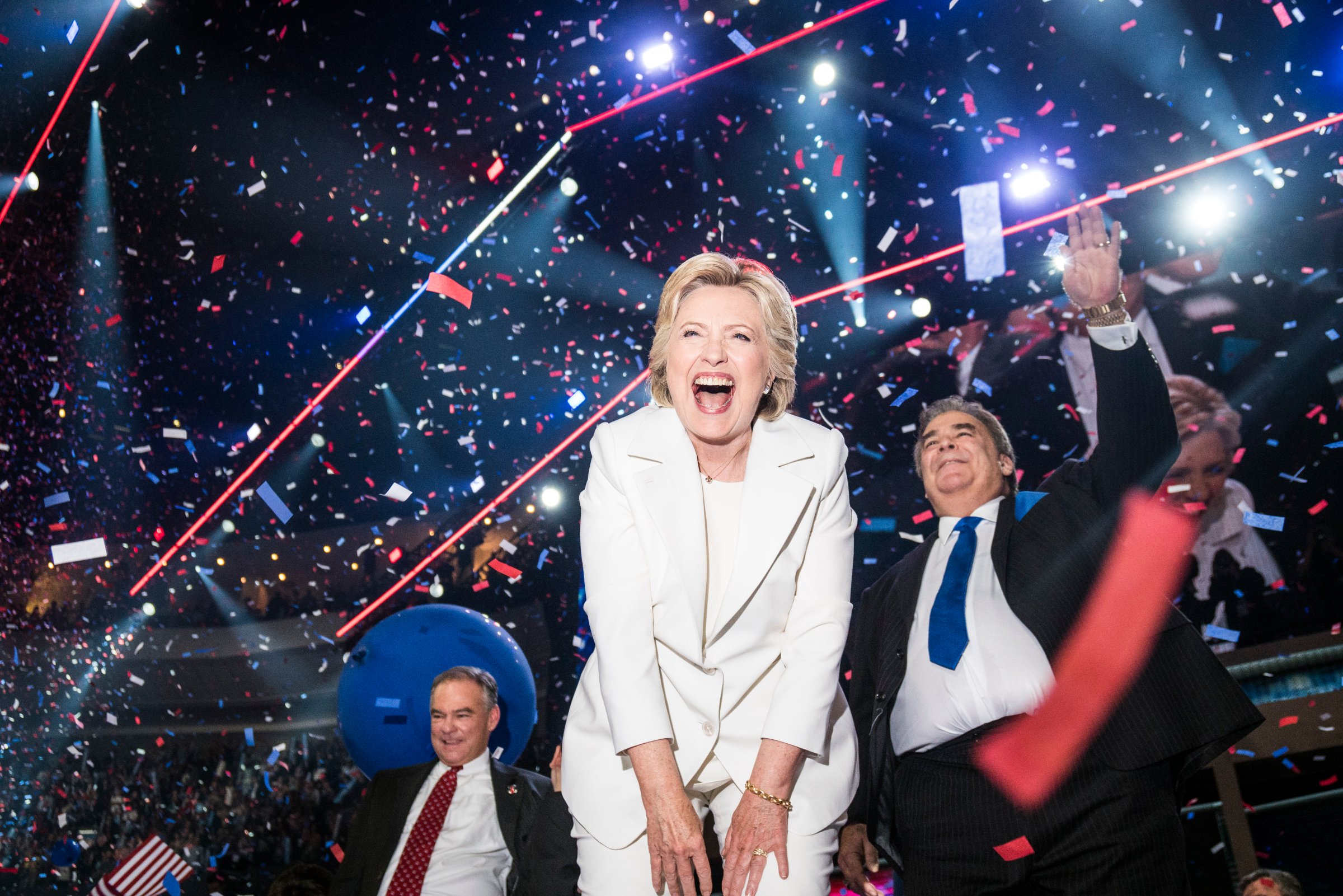 An ecstatic Hillary Clinton celebrates at the conclusion of the Democratic National Convention where she accepted the nomination on Thursday, July 28, 2016 in Philadelphia.
