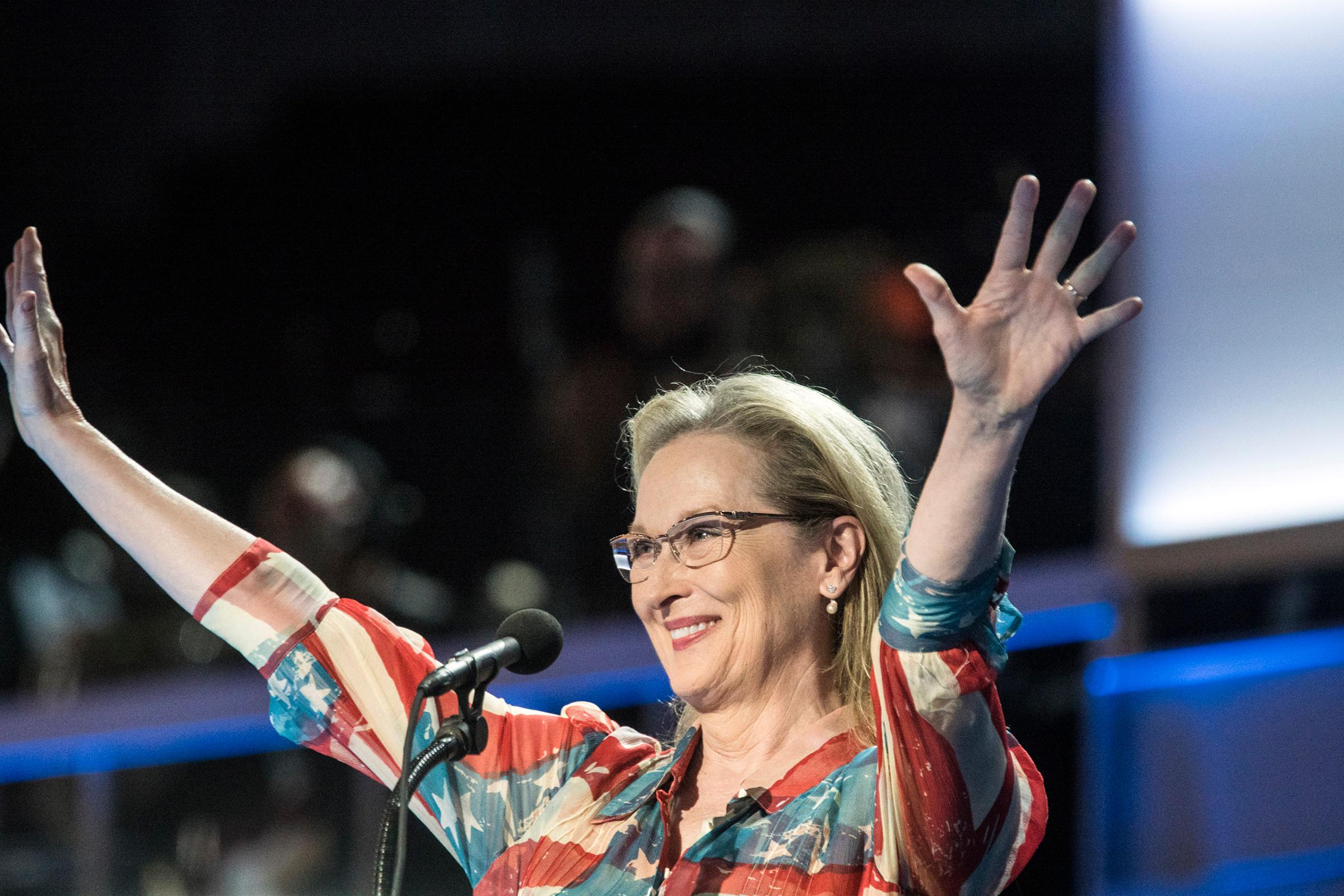 Actress Meryl Streep delivers remarks on the second day of the Democratic National Convention at the Wells Fargo Center in Philadelphia on July 26, 2016.