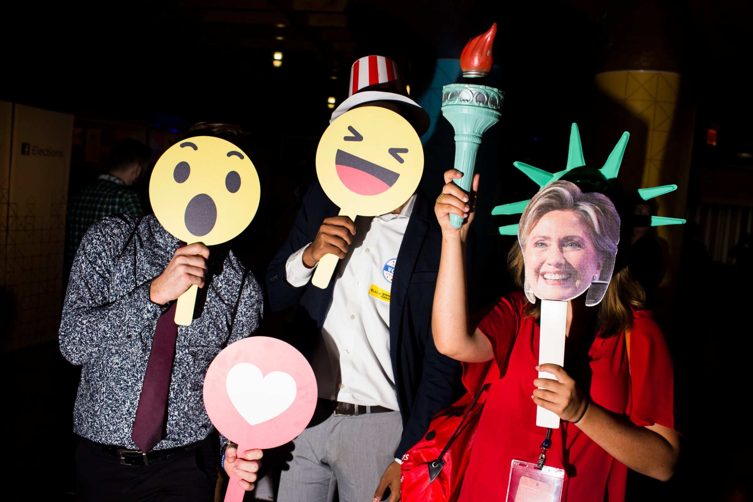 Members of College Democrats of America pose for pictures in the Instagram/ Facebook lounge at the 2016 Democratic National Convention in Philadelphia on Monday, July 25, 2016.