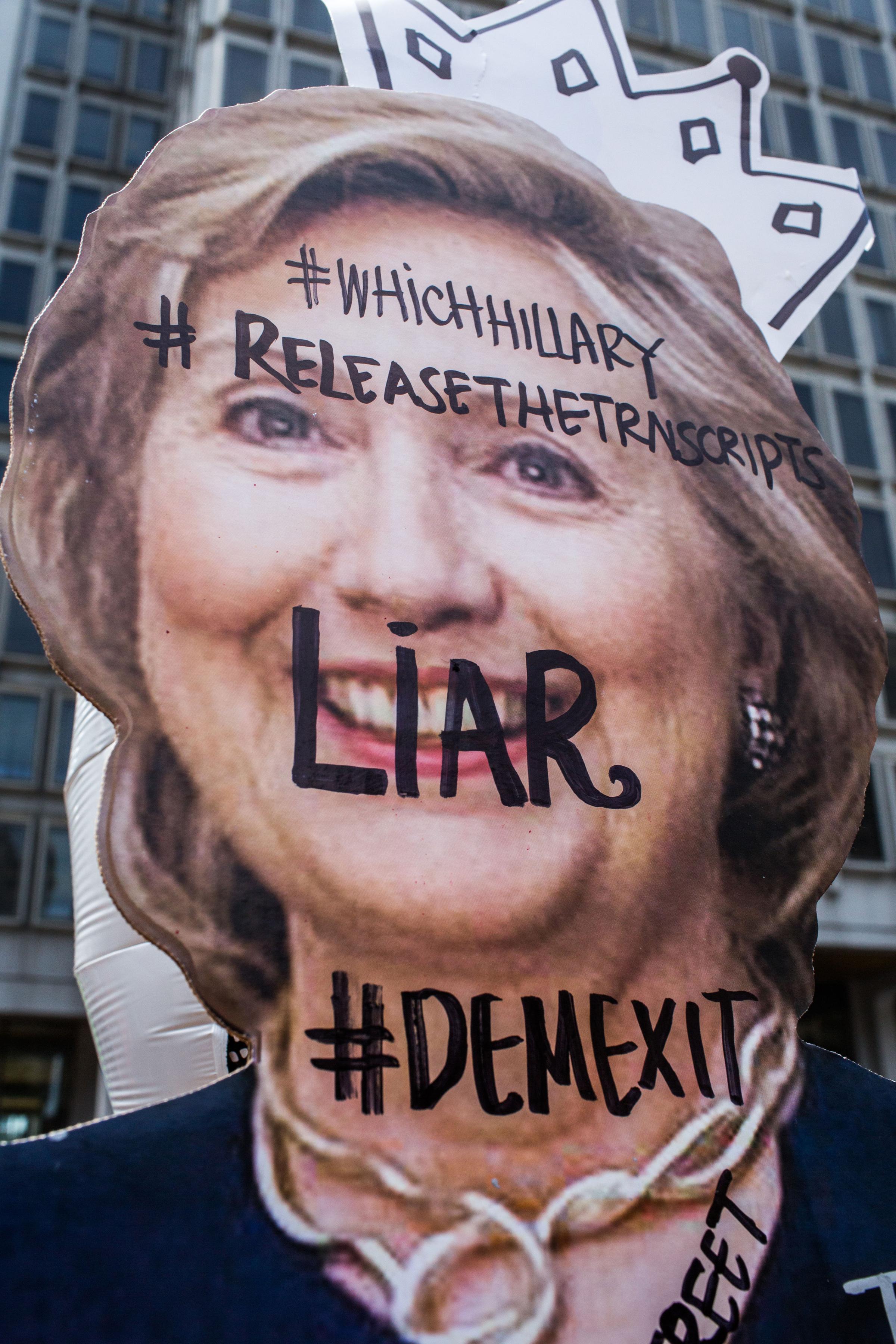 A Hillary Clinton cut out displayed at a protest near City Hall in Philadelphia on Tuesday afternoon at the Wells Fargo Center on July 26, 2016.