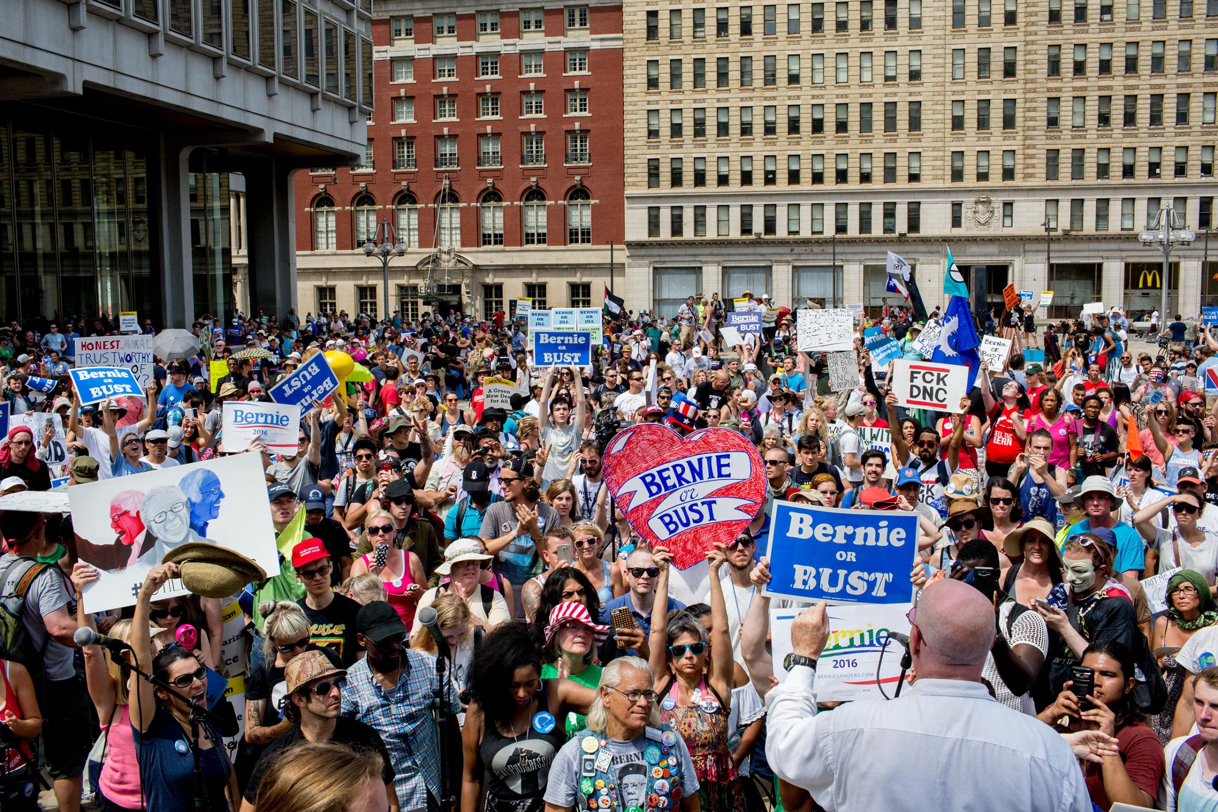 Protesters convened at City Hall in Philadelphia on Tuesday afternoon to watch speaker Jill Stein and protest theDemocratic National Convention at the Wells Fargo Center on July 26, 2016 in Philadelphia.(Natalie Keyssar for TIME)