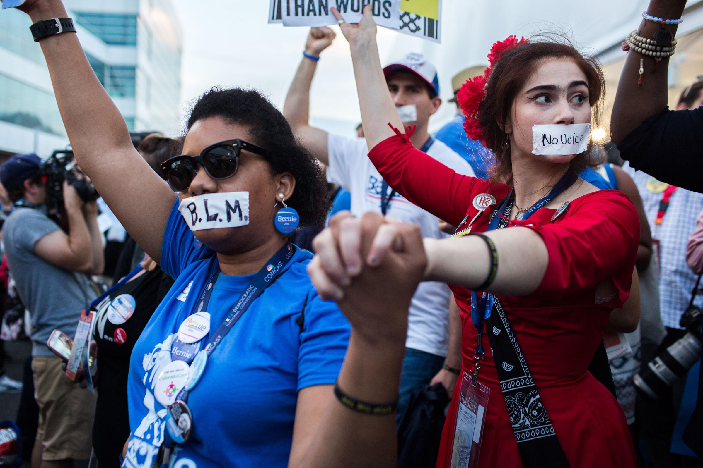 Protesters and pro Bernie delegates held a demonstration at the media tent at the Democratic National Convention at the Wells Fargo Center on July 26, 2016 in Philadelphia.(Natalie Keyssar for TIME)