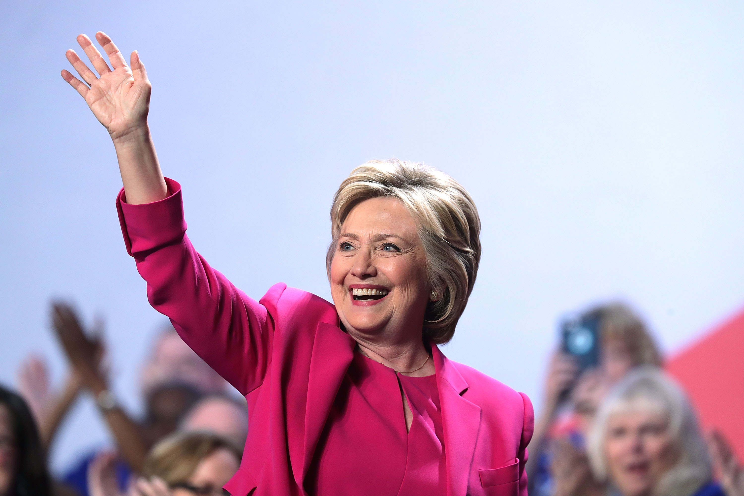 Democratic presidential candidate Hillary Rodham Clinton waves after she addressed the 95th Representative Assembly of the National Education Association on July 5, 2016 in Washington, DC. (Alex Wong/Getty Images)