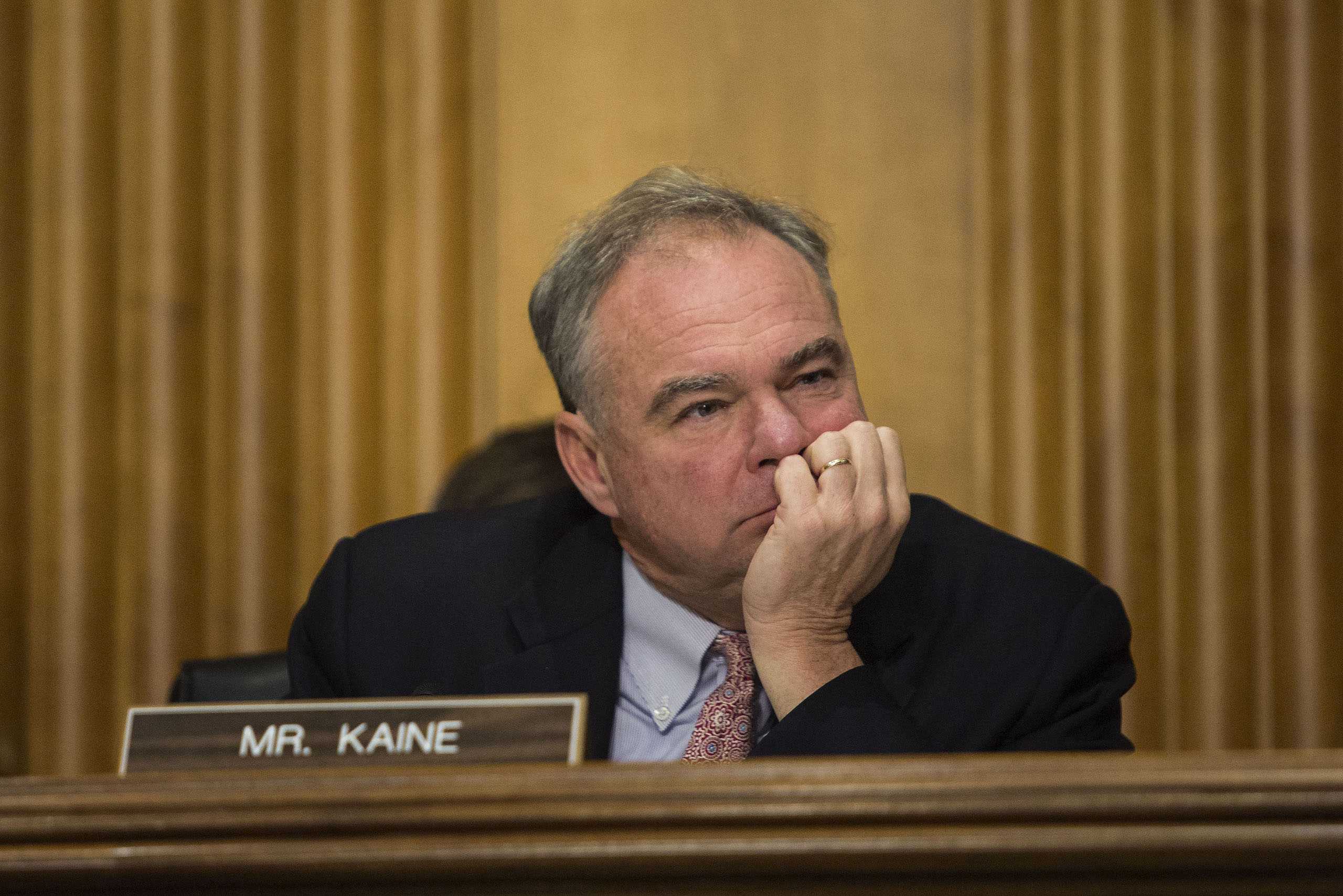 Sen. Tim Kaine, listens during a Senate Foreign Relations Committee hearing on the persistent North Korea denuclearization and human rights challenge, in the Dirksen Senate Office Building on Capitol Hill, in Washington on Oct. 20, 2015.