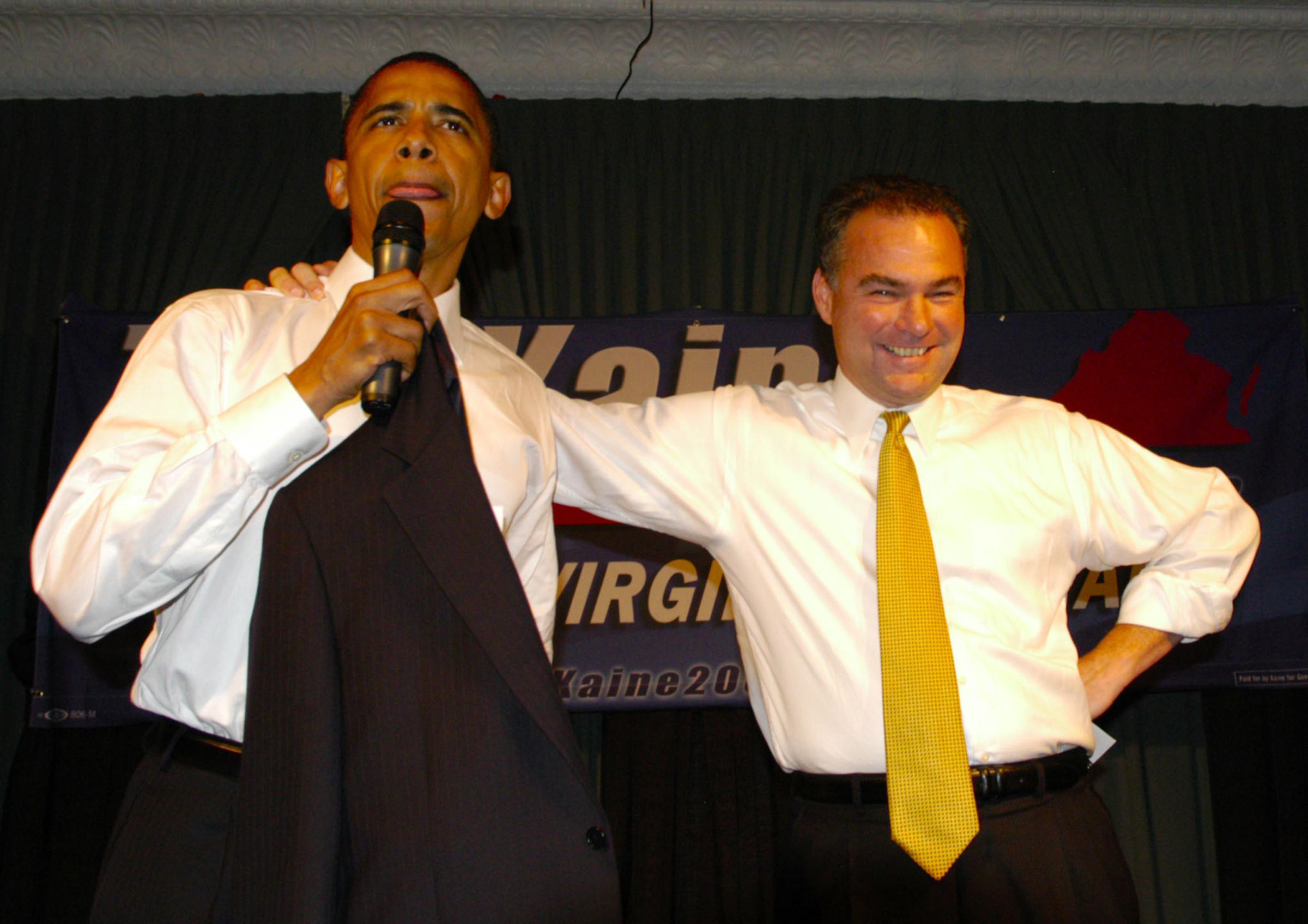 Senator Barack Obama, left, lends support to Tim Kaine who is running for Va.. Governor in Arlington, Va. on July 20, 2005.