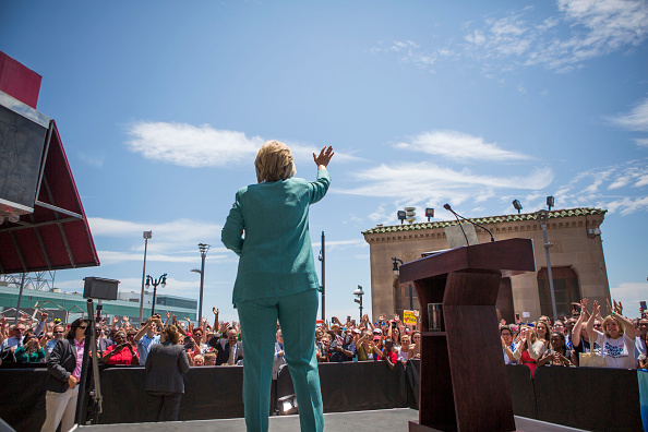Presumptive Democratic presidential nominee Hillary Clinton waves good-bye to the crowd at a rally on the boardwalk on July 6, 2016 in Atlantic City, New Jersey.