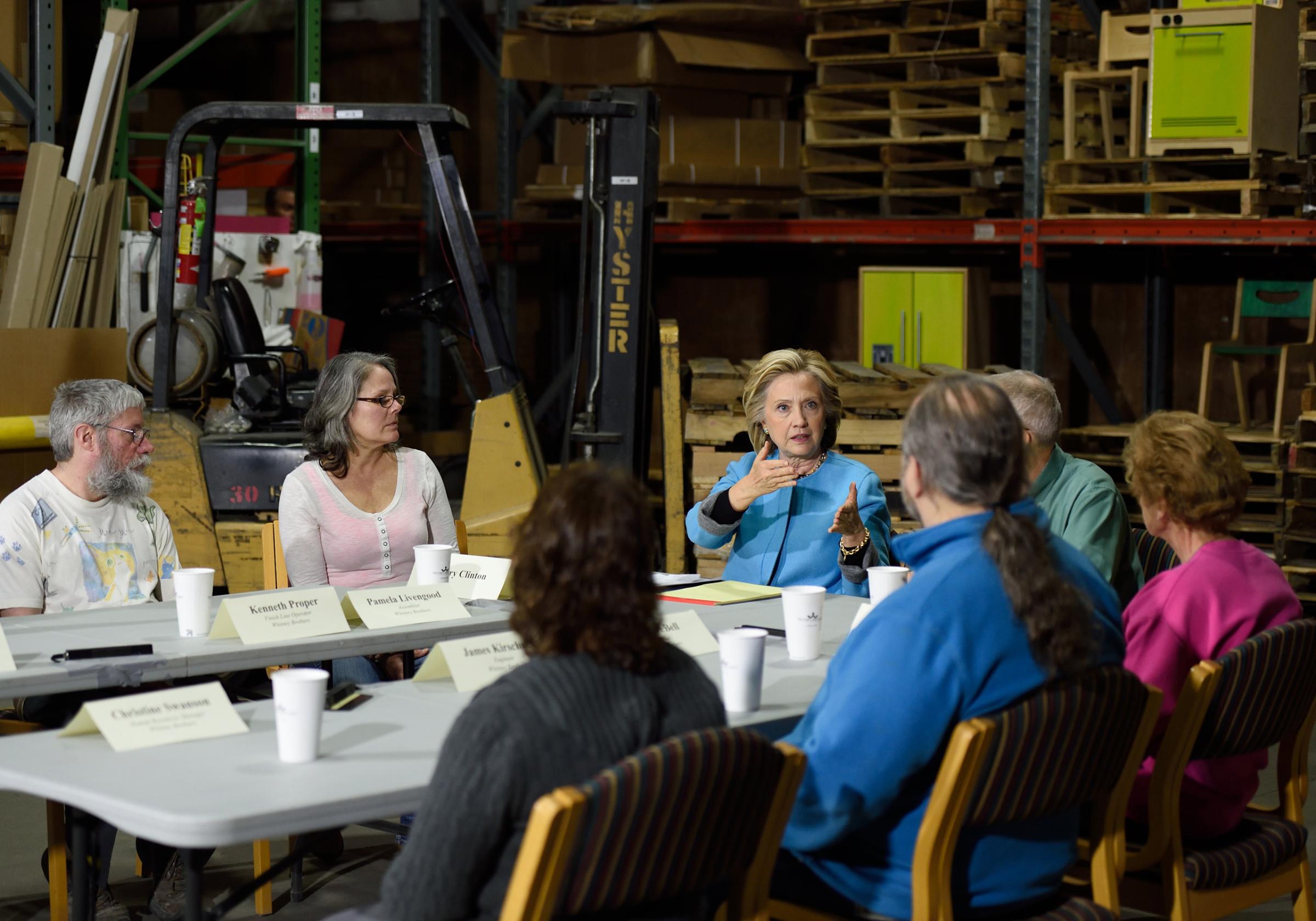 Hillary Clinton participates in a round table discussion with Whitney Brothers management and employees in Keene, N.H. on April 20, 2015.