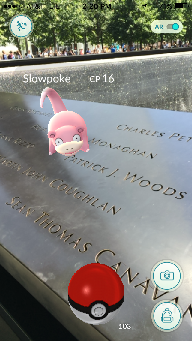 Pokémon, including this Slowpoke, can be spotted by "Pokémon Go" players around the 9/11 Memorial in New York City on July 12, 2016.