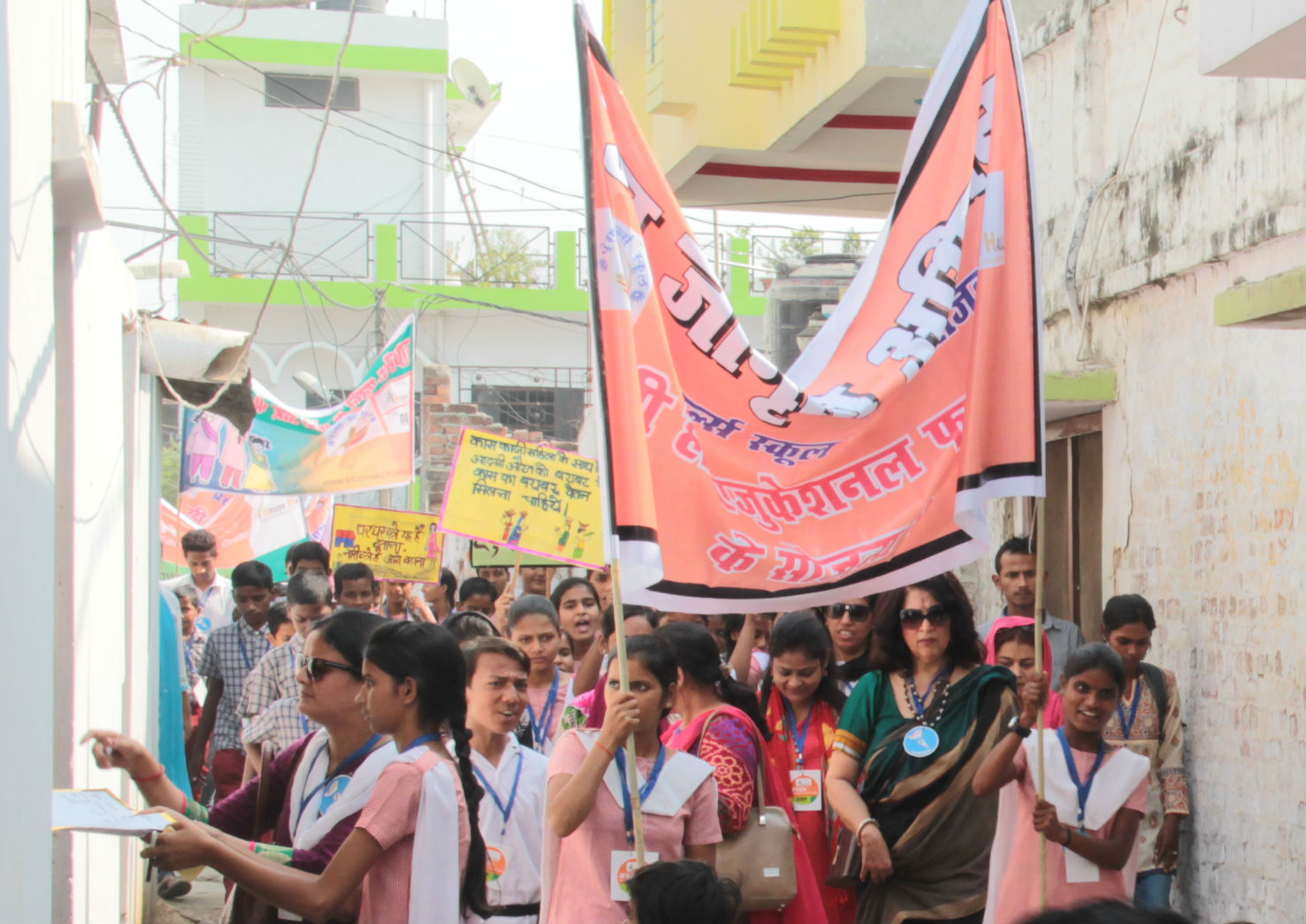 Prena students, led by the school's founder Urvashi Sahni, marching for girls' rights in India (Prena Girls School)