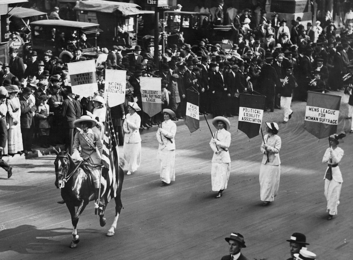 Grand Marshal Inez Milholland Boissevain (1886 - 1916) leads a parade of 30,000 representatives of the various Women's Suffrage associations through New York City on May 3, 1913 (Paul Thompson—Getty Images)