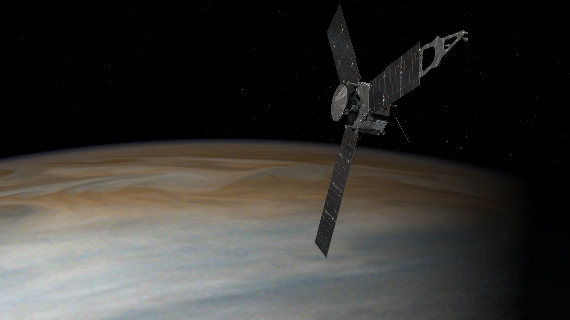 This illustration depicts NASA's Juno spacecraft in orbit above Jupiter. (NASA/JPL-Caltech)
