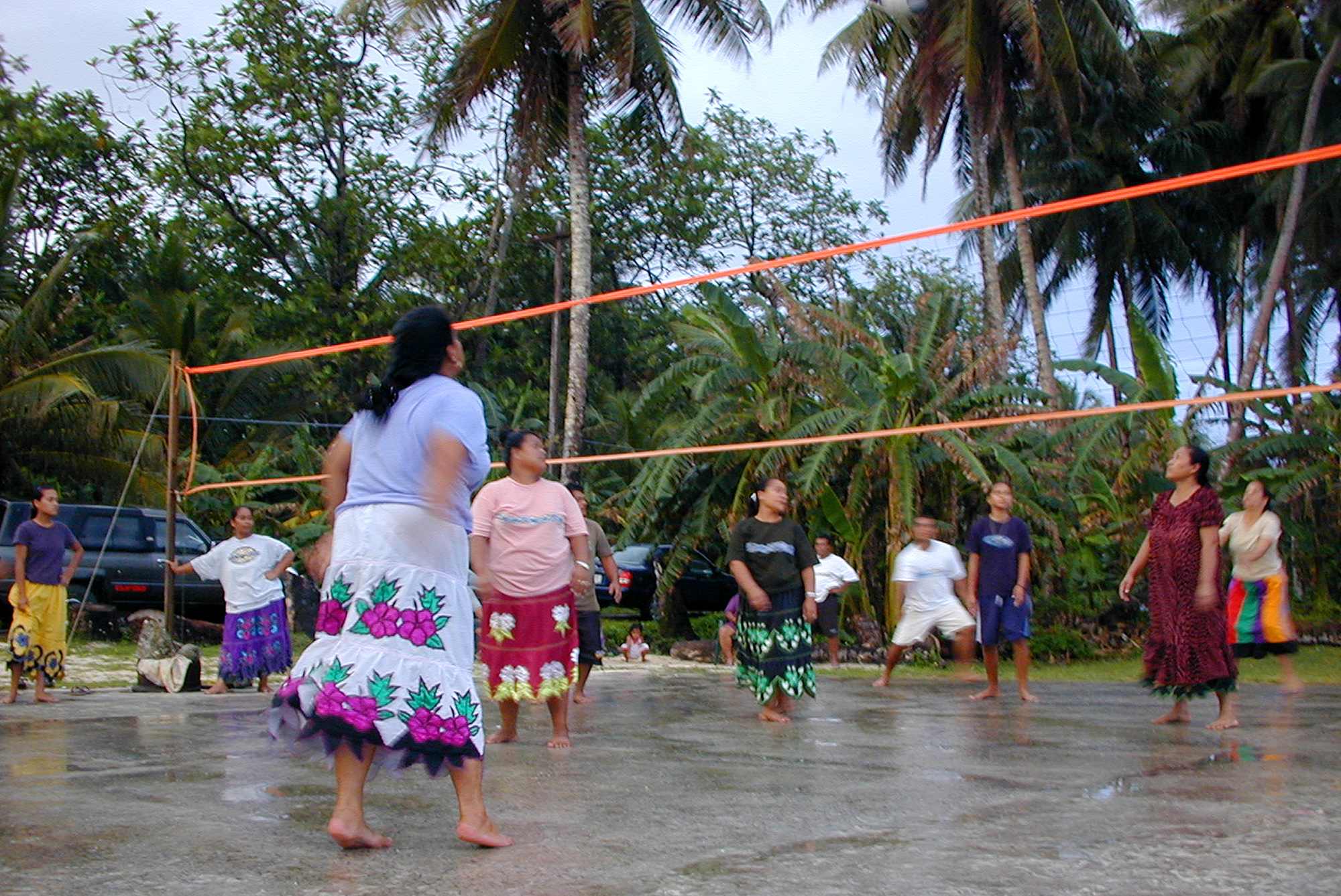 Women play volleyball on April 9, 2004, in Kosrae, Micronesia.