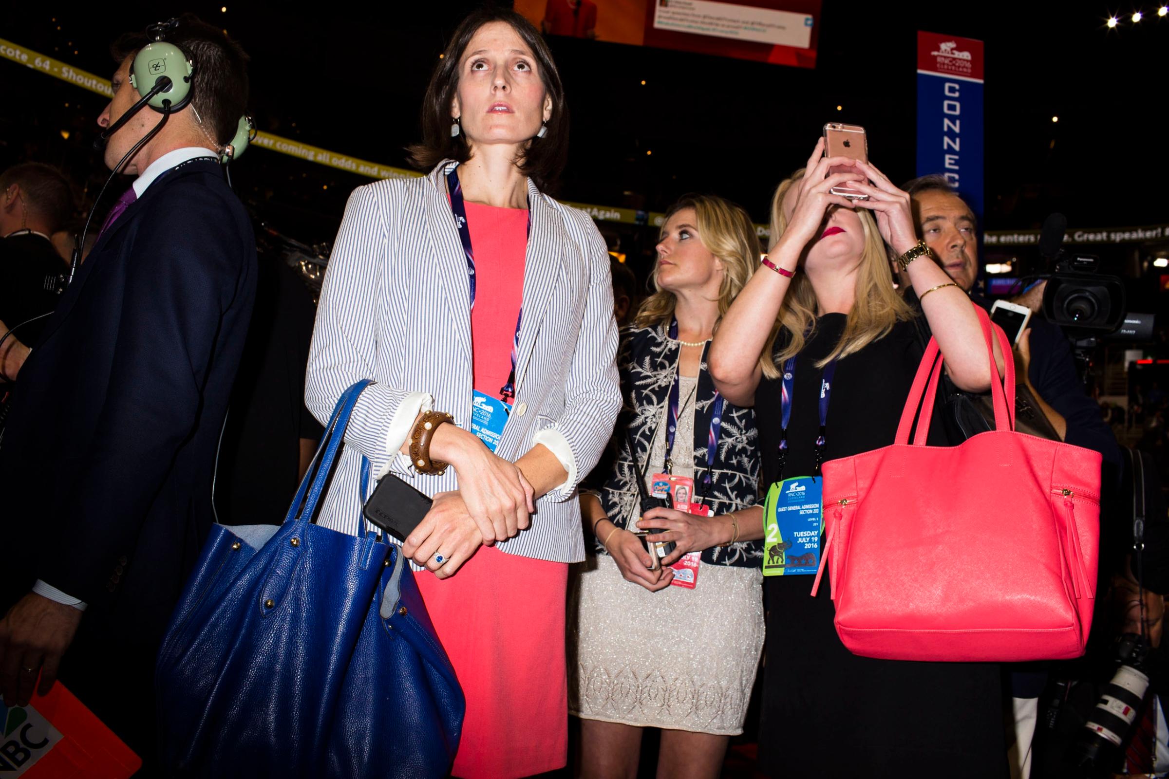 Oversized, colorful handbags are spotted on the floor of the Republican National Convention in Cleveland on Tuesday, July 19, 2016.