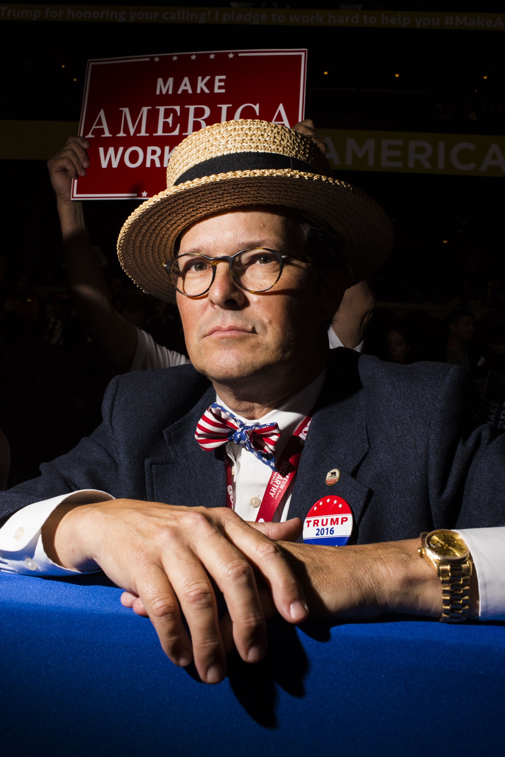A man sports a dapper look on the floor of the Republican National Convention in Cleveland on Tuesday, July 19, 2016.