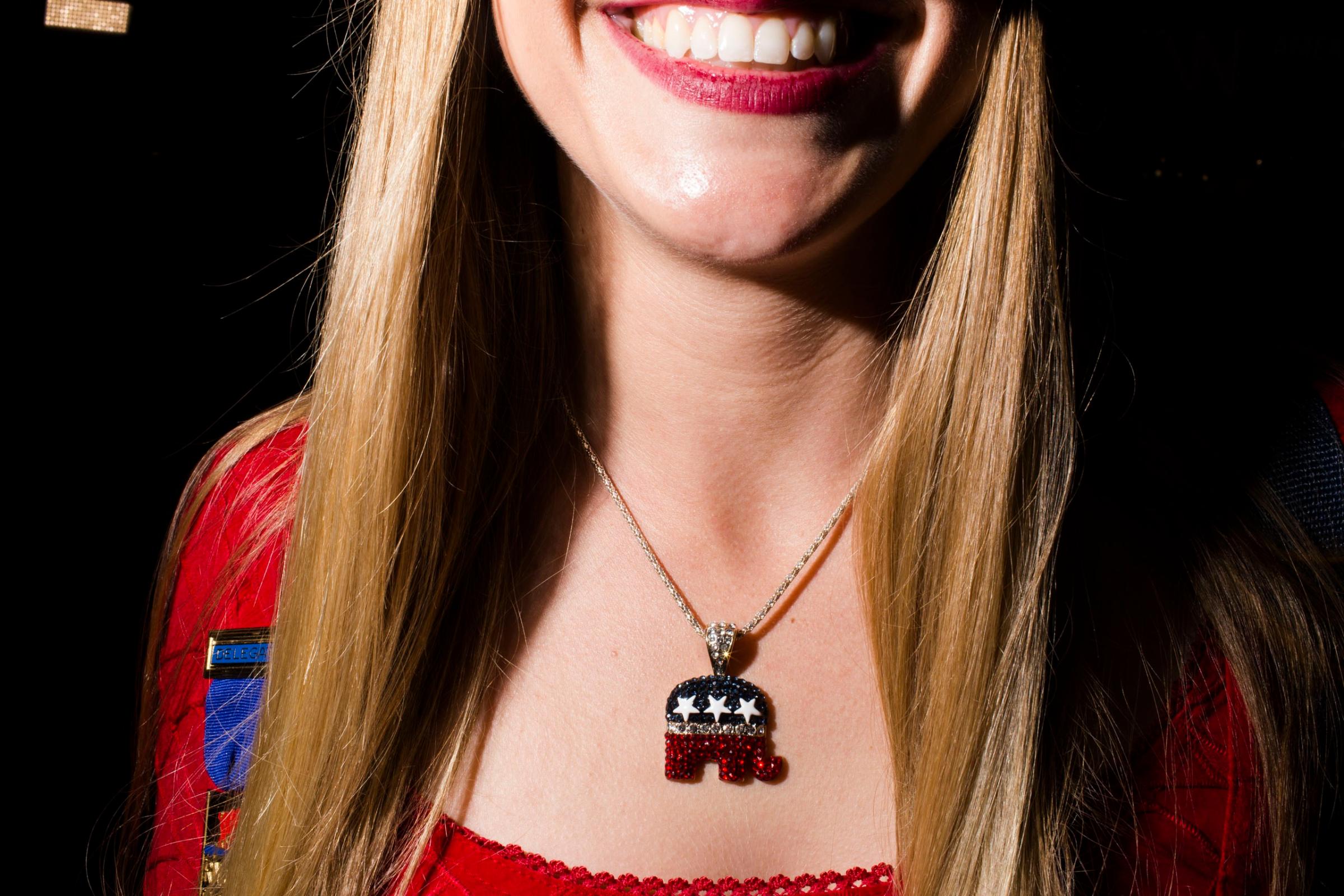 An elephant pendant is worn on the floor of the Republican National Convention in Cleveland on Tuesday, July 19, 2016.