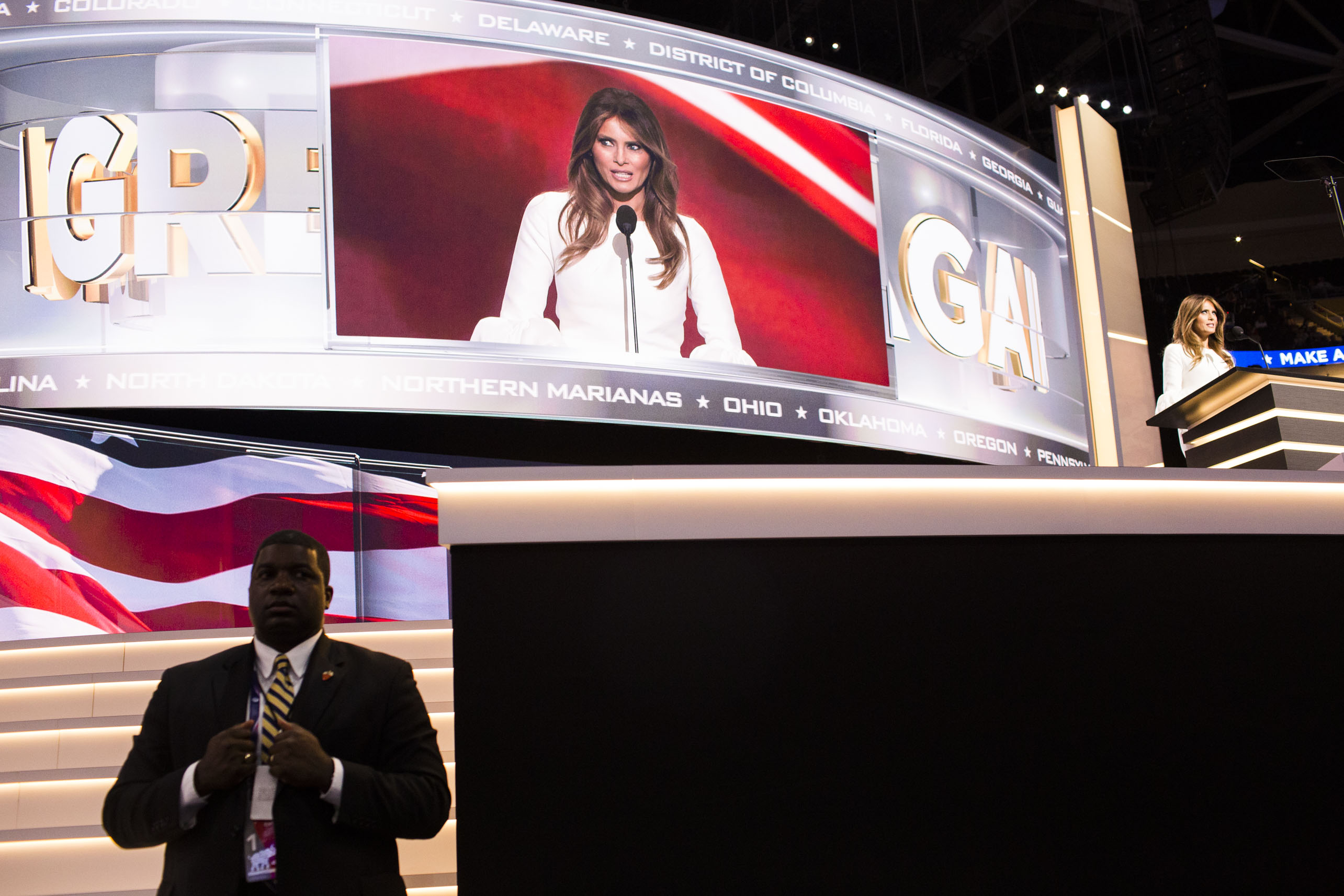 Melania Trump speaks to the crowd at the 2016 Republican National Convention on Monday, July 18, 2016, in Cleveland. (Landon Nordeman for TIME)