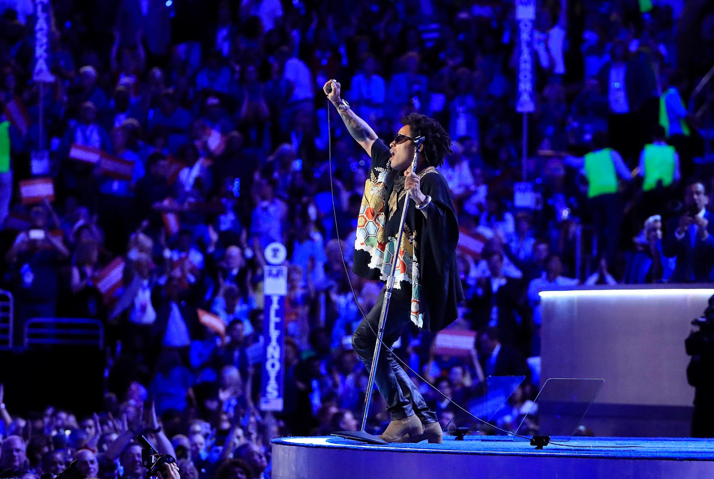 Lenny Kravitz performs during the third day of the Democratic National Convention at the Wells Fargo Center in Philadelphia on July 26, 2016.