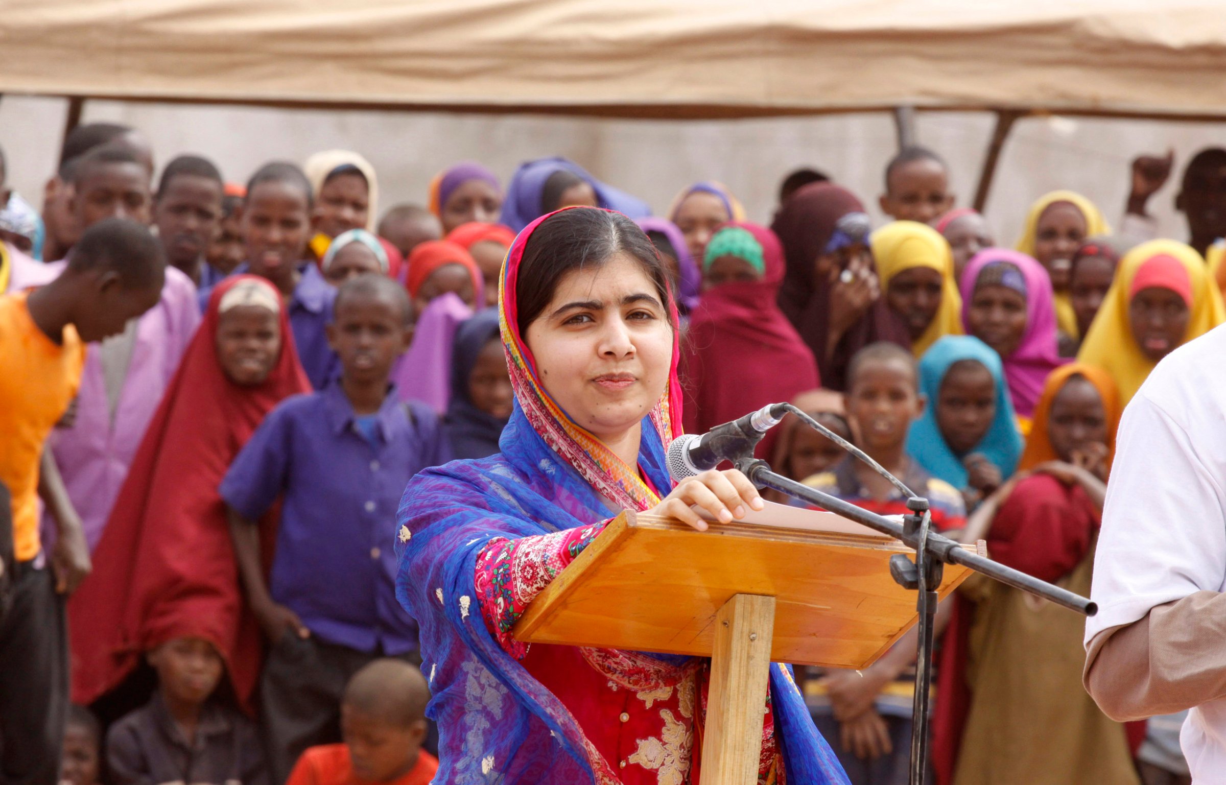 Malala Yousafza, speaks to refugees in the Dadaab refugee camp, Kenya, on July 12, 2016.