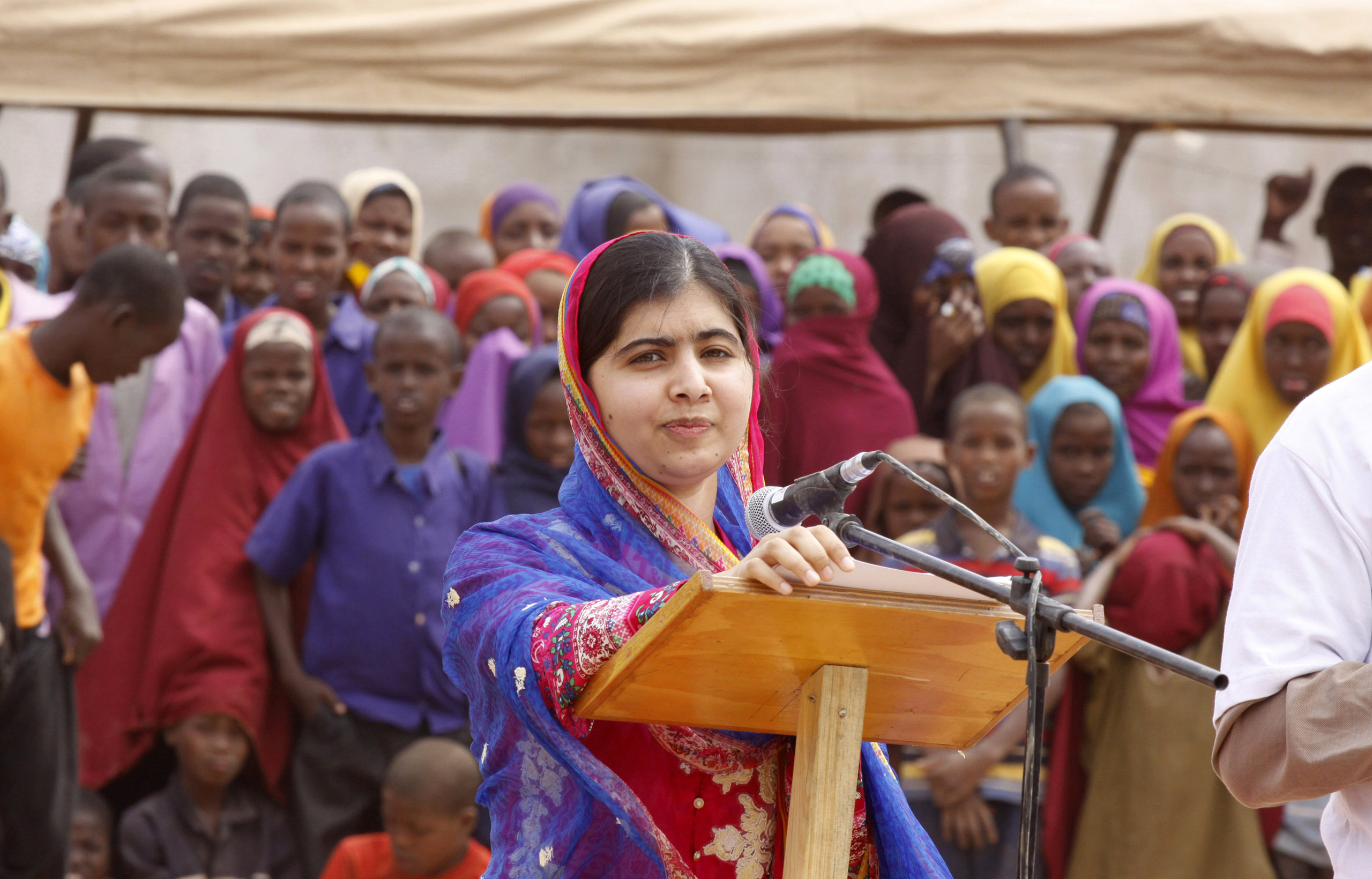 Malala Yousafza, speaks to refugees in the Dadaab refugee camp, Kenya, on July 12, 2016. (Khalil Senosi—AP)