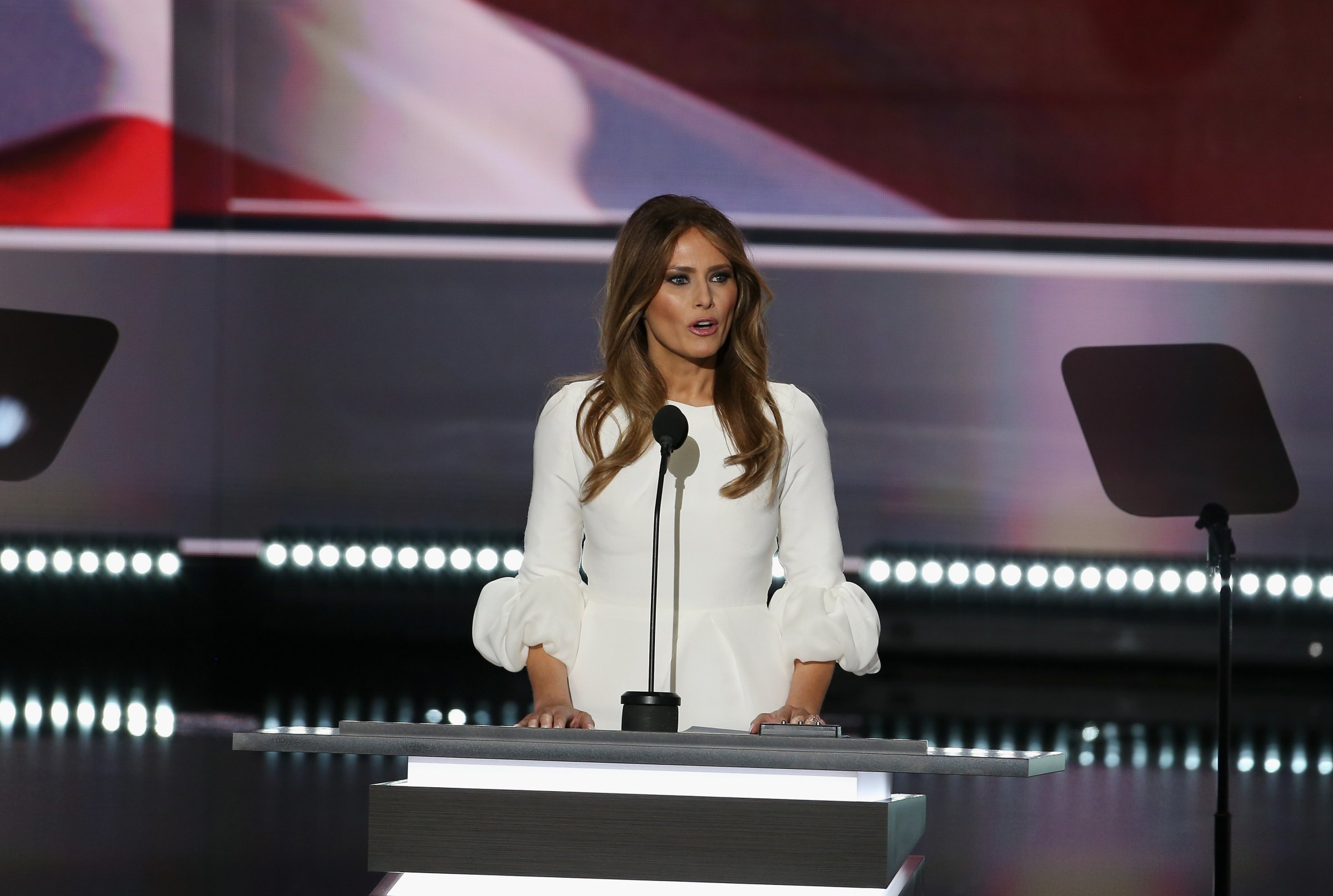 Businesswoman and wife of republican presidential candidate Donald Trump, Melania Trump walks on stage during the Republican National Convention at Quicken Loans Arena on July 18, 2016 in Cleveland, Ohio.