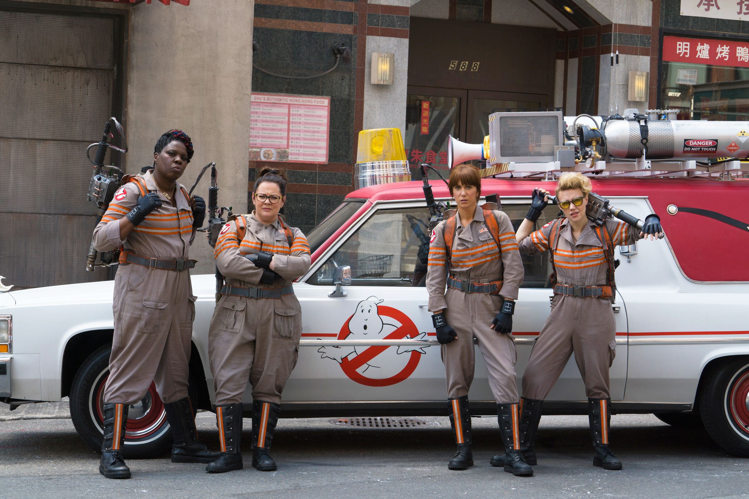 Melissa McCarthy, second from left, as Abby Yates in Ghostbusters, 2016.