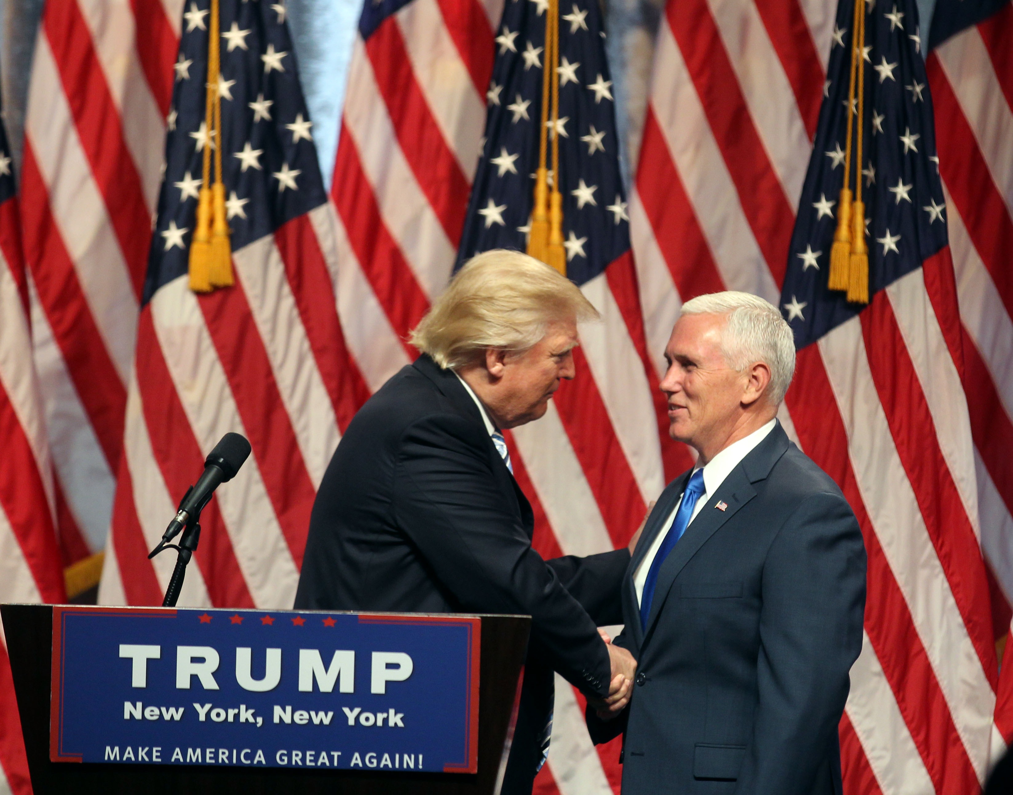Donald Trump introduces Indiana Gov. Mike Pence as his vice presidential running mate at a press conference at the Hilton Hotel on July 16, 2016 in New York City. (Steve Sands—WireImage/Getty Images)
