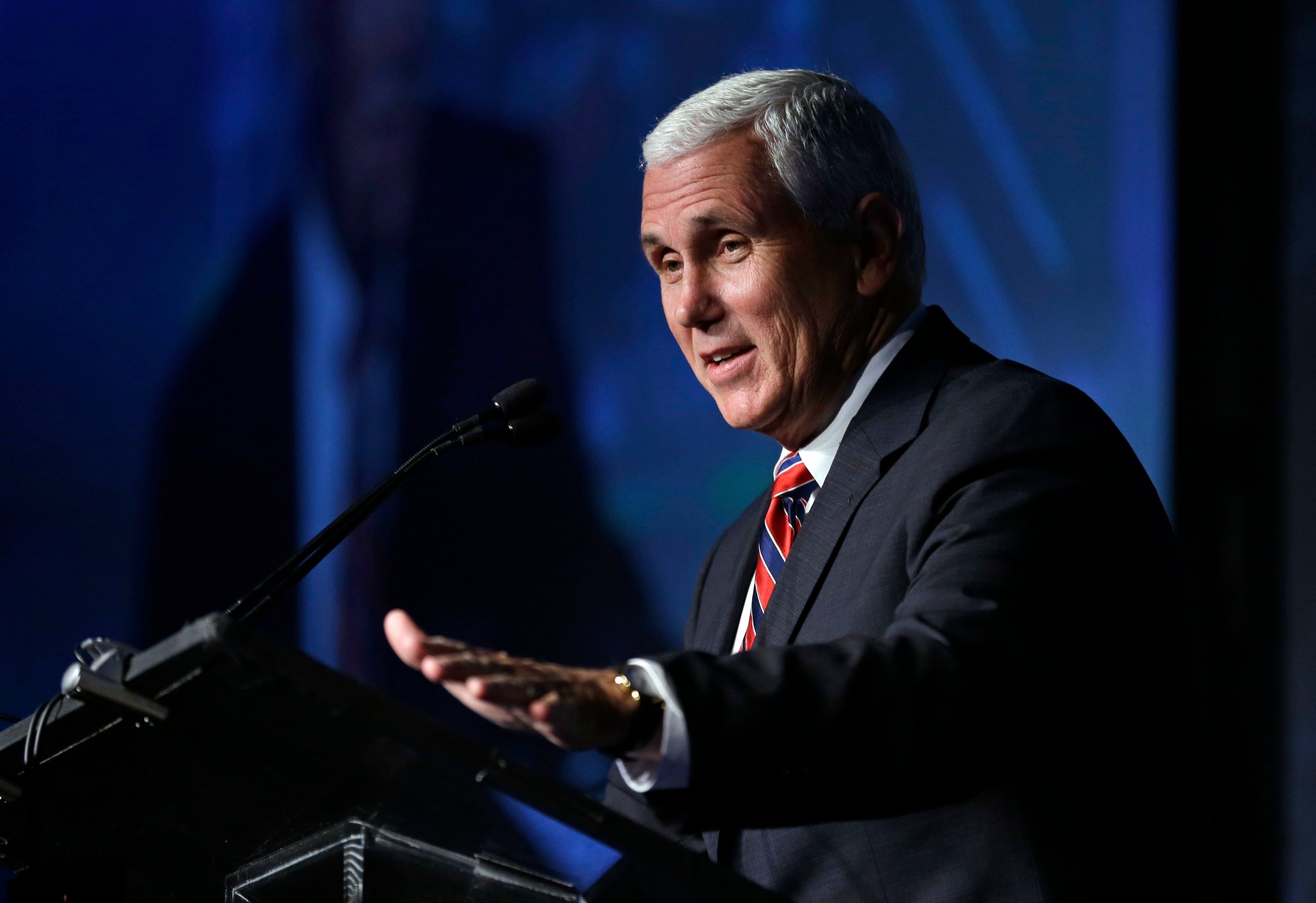 Republican vice presidential candidate, Indiana Gov. Mike Pence speaks at the American Legislative Exchange Council annual meeting in Indianapolis, July 29, 2016.