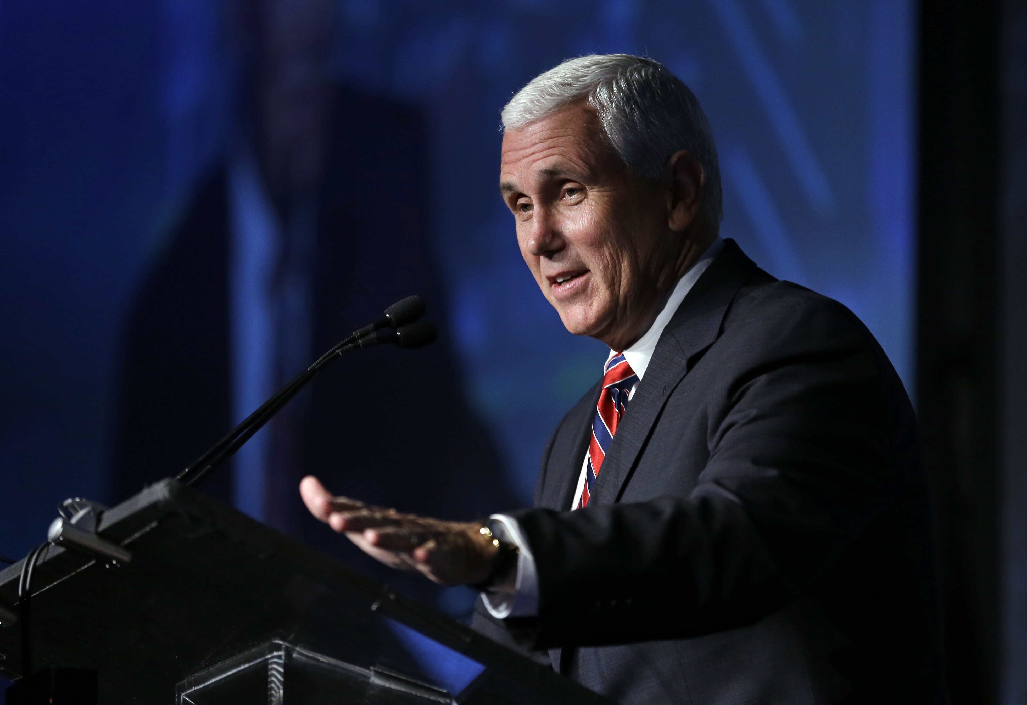 Republican vice presidential candidate, Indiana Gov. Mike Pence speaks at the American Legislative Exchange Council annual meeting in Indianapolis, July 29, 2016. (Michael Conroy—AP)