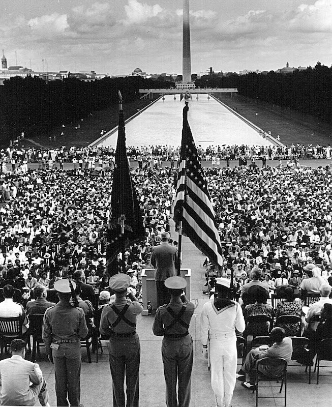 President Harry Truman addresses the NAACP convention June 29, 1947, in front of the Lincoln Memorial in Washington. (National Archives / Getty Images)